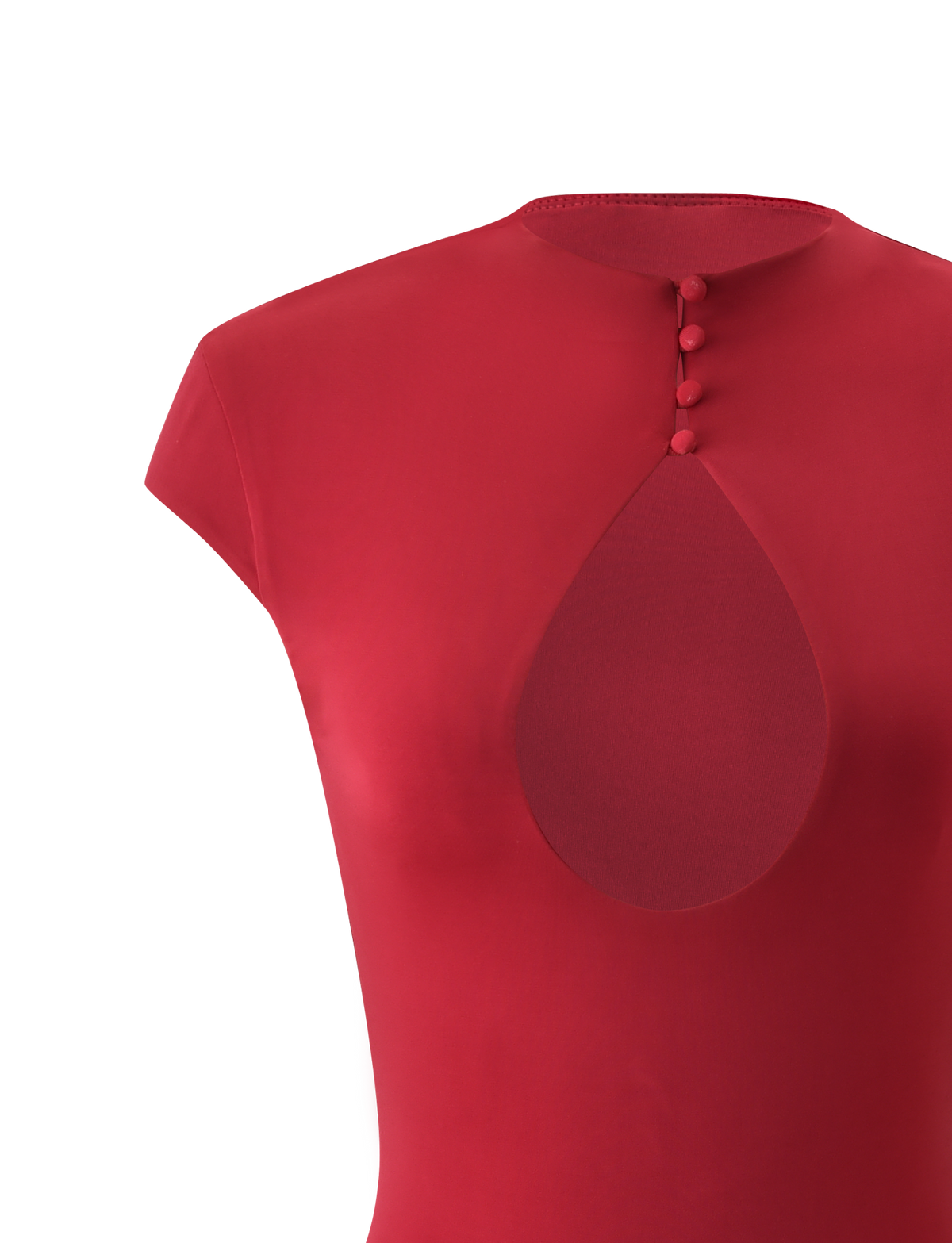 Close-up of the TIGERMIST MILLS MINI DRESS in red, featuring cap sleeves, a large teardrop bust cutout, and four fabric-covered buttons at the neckline, shown on a plain white background.