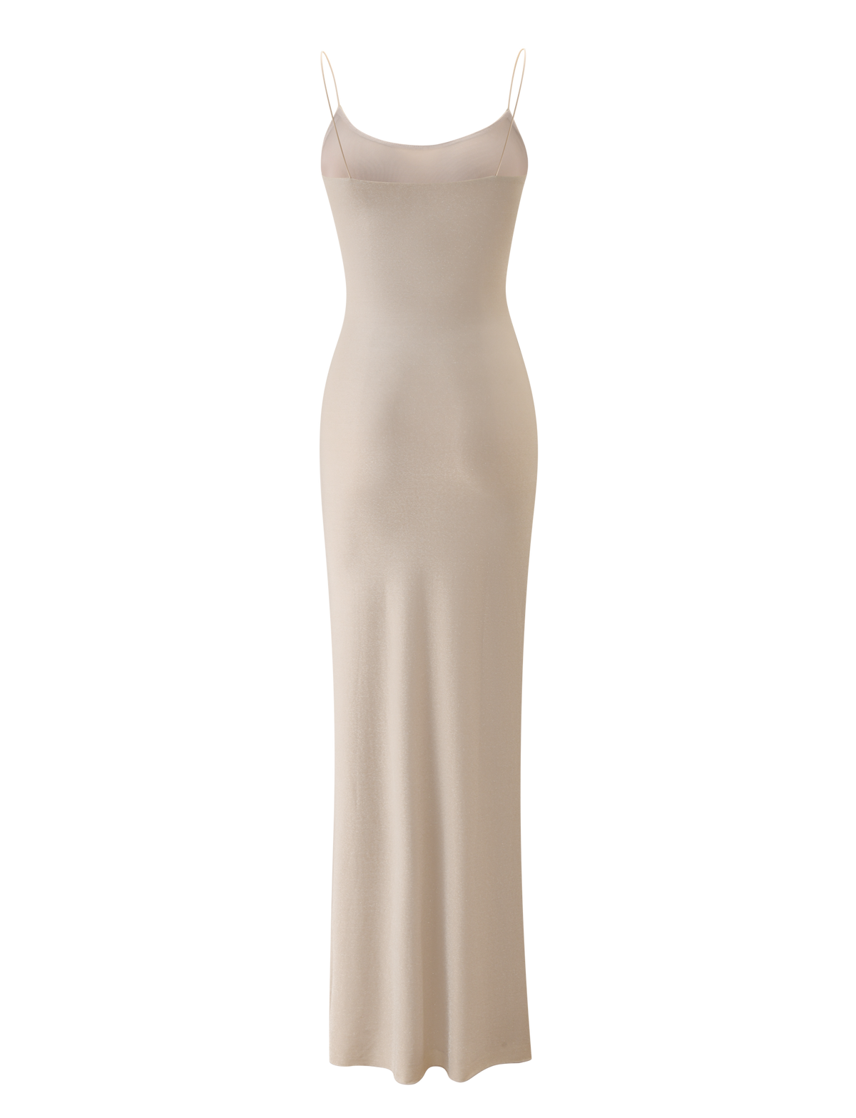 The TIGERMIST RILEY MAXI DRESS - CHAMPAGNE SPARKLE is a sleeveless, floor-length dress with thin spaghetti straps and a body-hugging fit, shown against a plain white background.