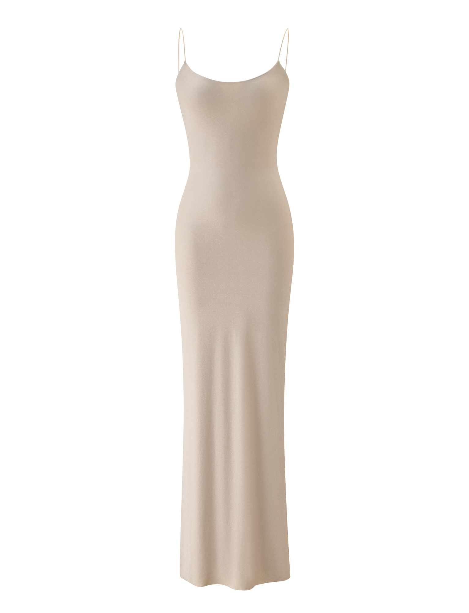 The TIGERMIST RILEY MAXI DRESS - CHAMPAGNE SPARKLE features a fitted bodice, thin spaghetti straps, and a body-hugging silhouette in champagne gold, shown on a plain white background.