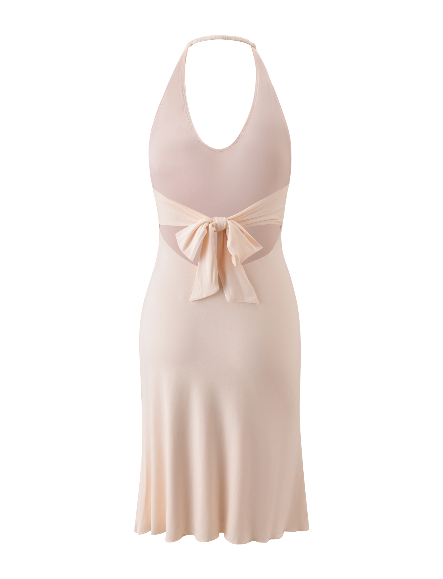 The ISABELLE MIDI DRESS - CREAM by TIGERMIST is a sleeveless, halter neck midi dress with an open back, a statement bow at the waist, and a flowing skirt inspired by Emily Venz.