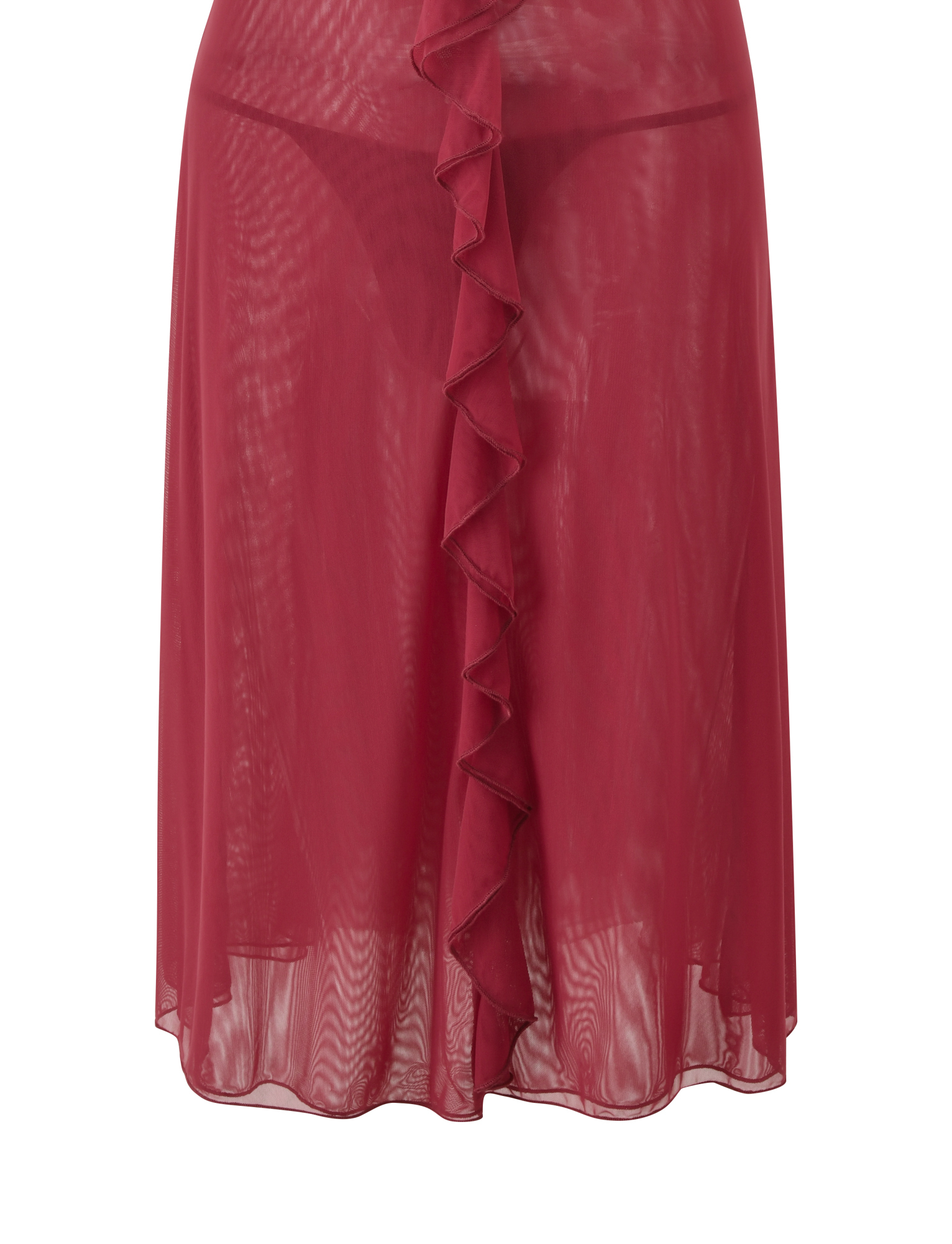The ASH MIDI DRESS - RED by TIGERMIST features a sheer, lightweight red fabric with a ruffled vertical trim—ideal for layering over a matching bralette and panty for a chic, on-trend look.