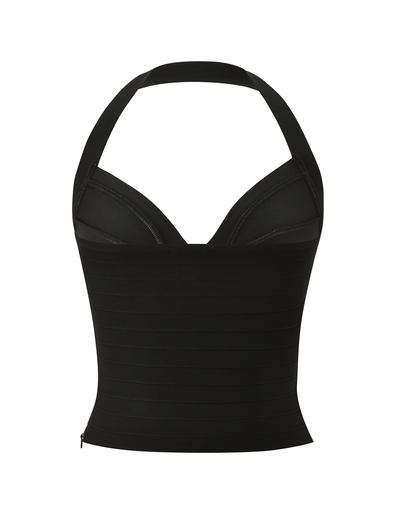 The SYDEL BANDAGE TOP - BLACK by TIGERMIST is a black halter top with a structured bust, bodycon fit, and horizontal band details, shown on a plain white background.