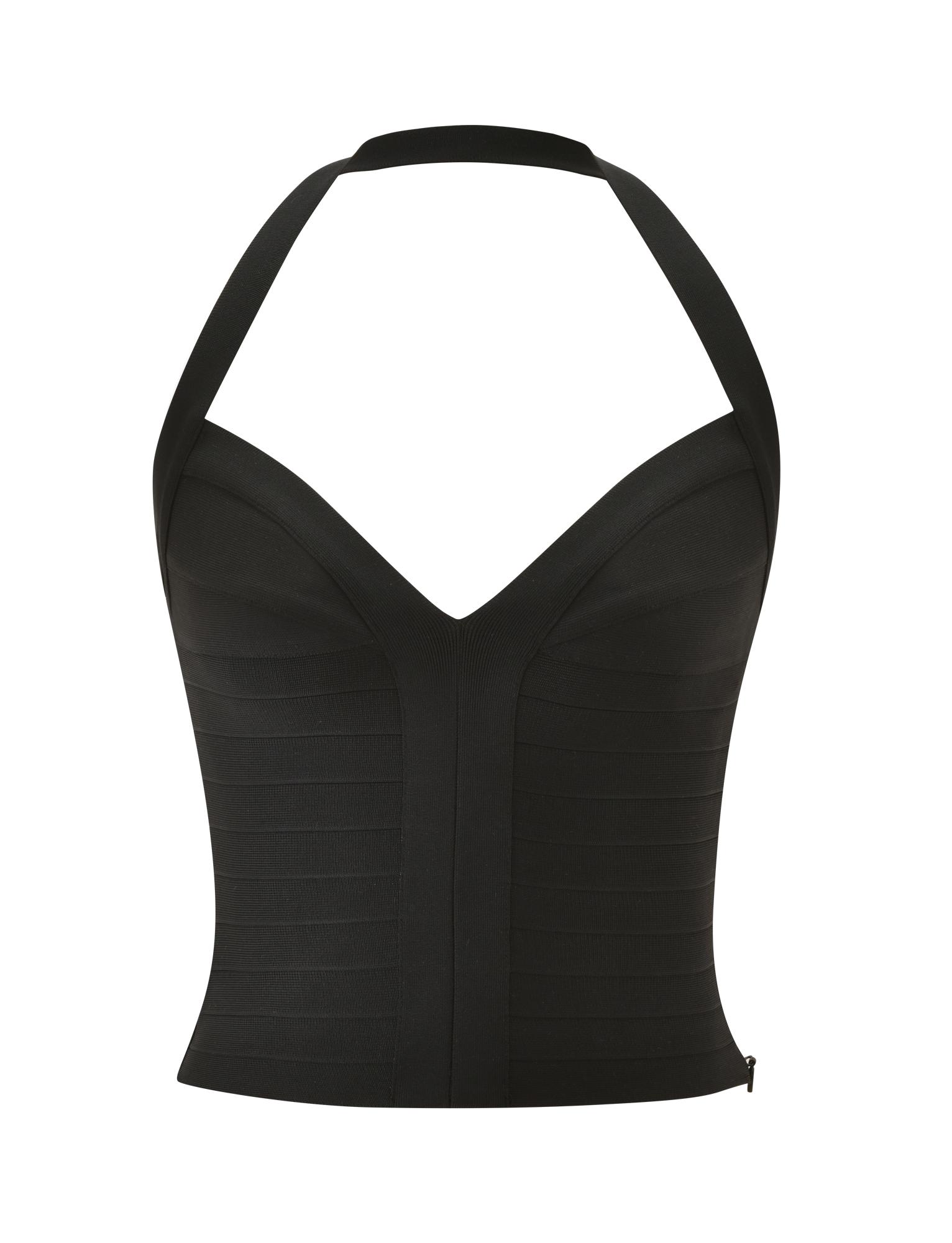 The SYDEL BANDAGE TOP by TIGERMIST is a black halter top with a fitted, bodycon silhouette, sweetheart neckline, and structured panel detailing, shown against a plain white background.