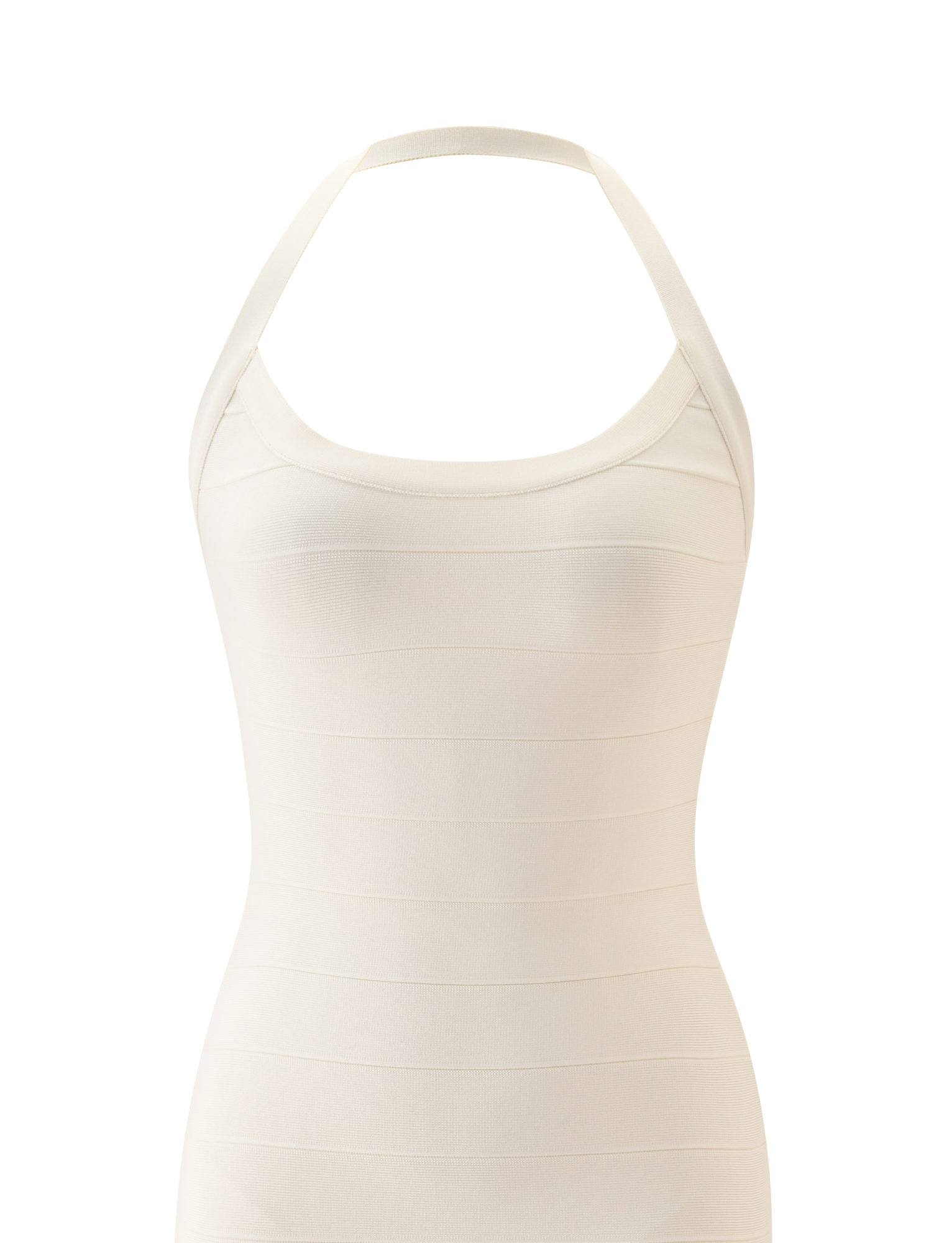 A close-up of the TIGERMIST DEE BANDAGE MIDI DRESS in cream, a sleeveless, fitted halter neck design with a subtle horizontal banded texture, displayed on a plain white background.