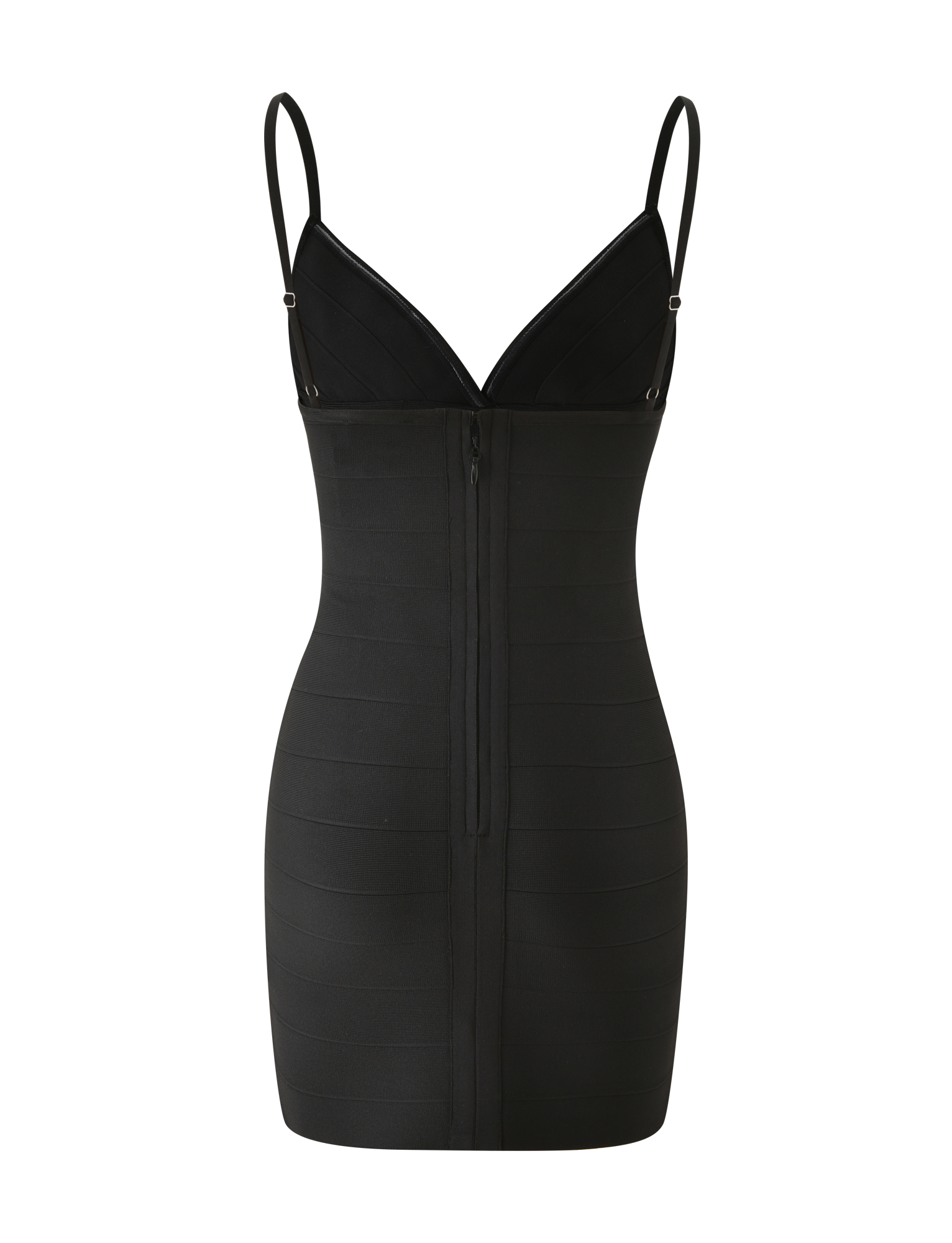 The TIGERMIST WEN BANDAGE MINI DRESS in black is a fitted bodycon mini with adjustable straps, deep V neckline, and back zipper. Shown on a plain white background for an effortlessly chic look.