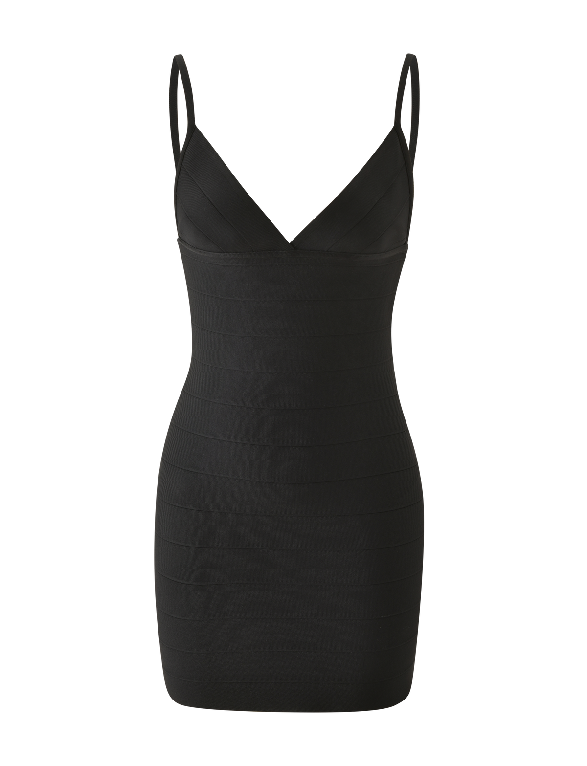 The TIGERMIST WEN BANDAGE MINI DRESS - BLACK is a sleeveless, V-neck mini dress with a bodycon fit and adjustable straps. Subtle horizontal banding adds texture to its fitted silhouette, shown on a white background.