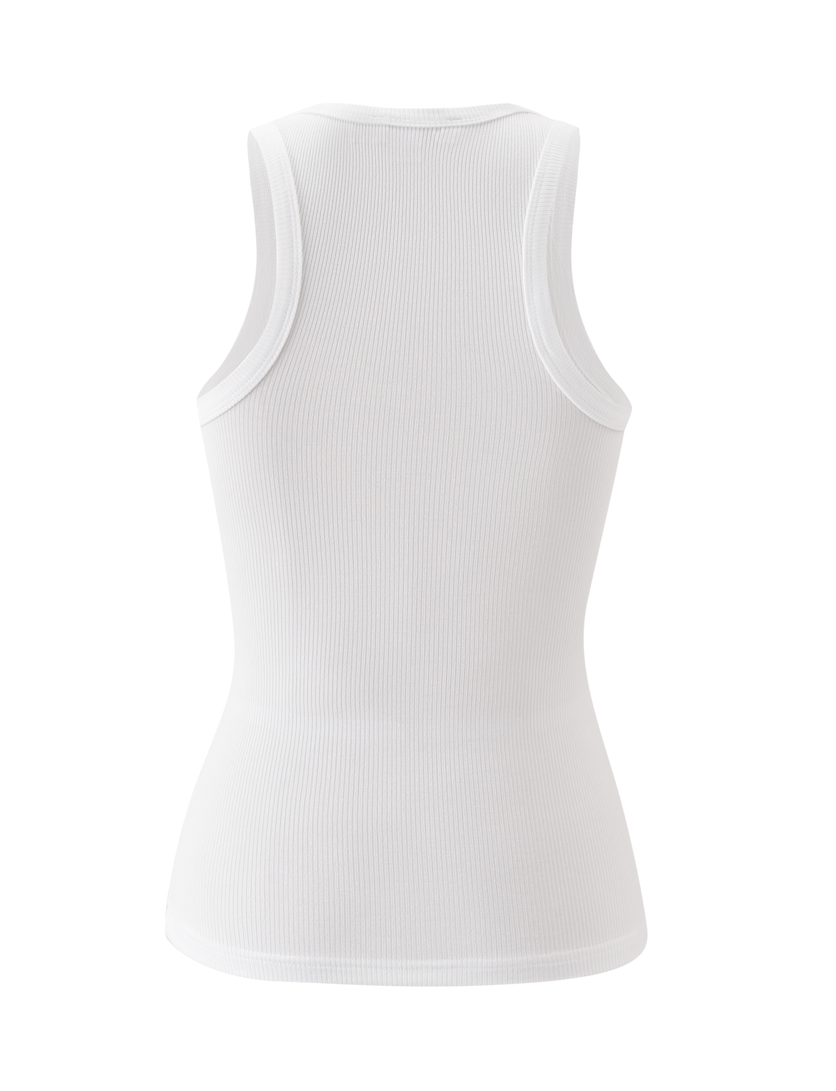 The AVNI TANK - WHITE by TIGERMIST is a racerback tank with wide straps and lightweight rib fabric, shown from the back against a white background for a clean, minimal look.