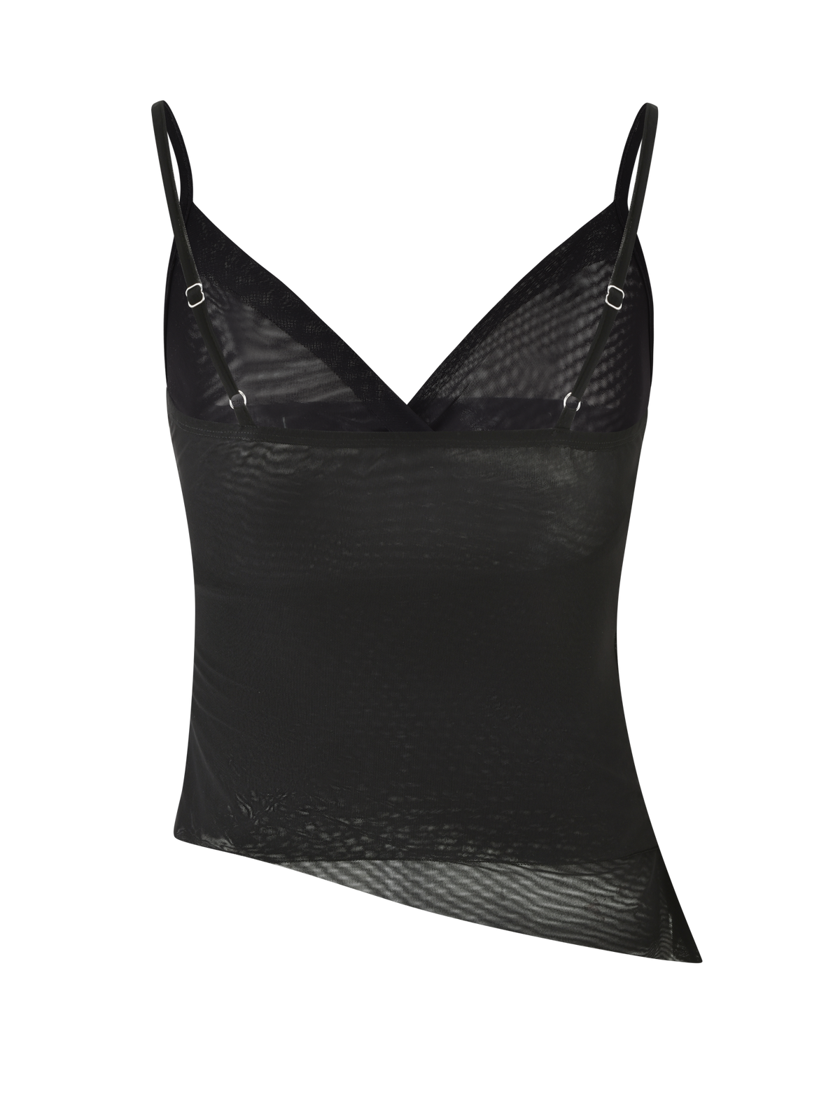 The TIGERMIST ALDEANA TOP - BLACK is a sheer camisole with thin adjustable straps and an asymmetrical hem, inspired by 90s mesh tanks, shown against a white background.