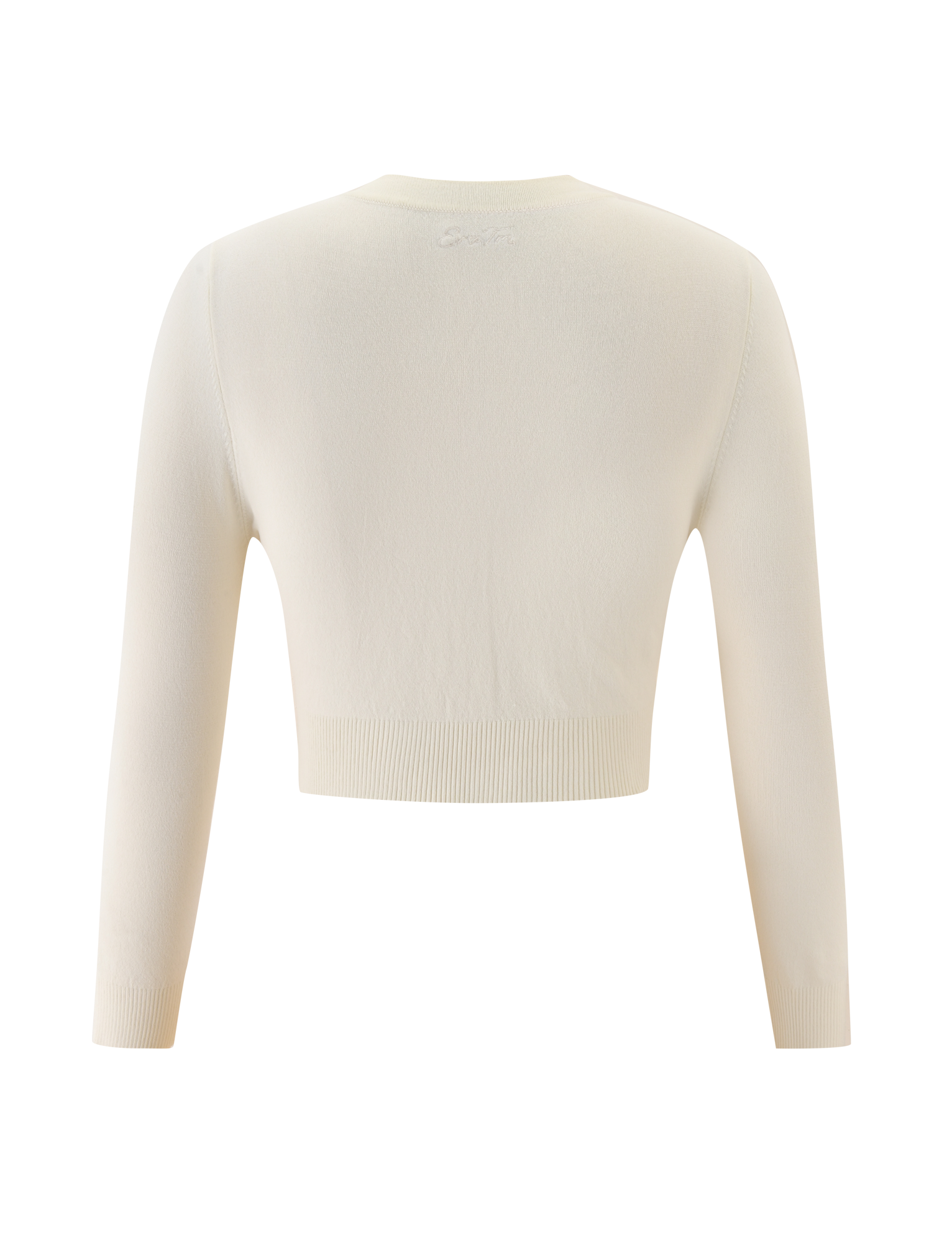 Back view of the TIGERMIST DAMARIS CARDIGAN in cream, featuring a long-sleeve, cropped knit silhouette against a white background.