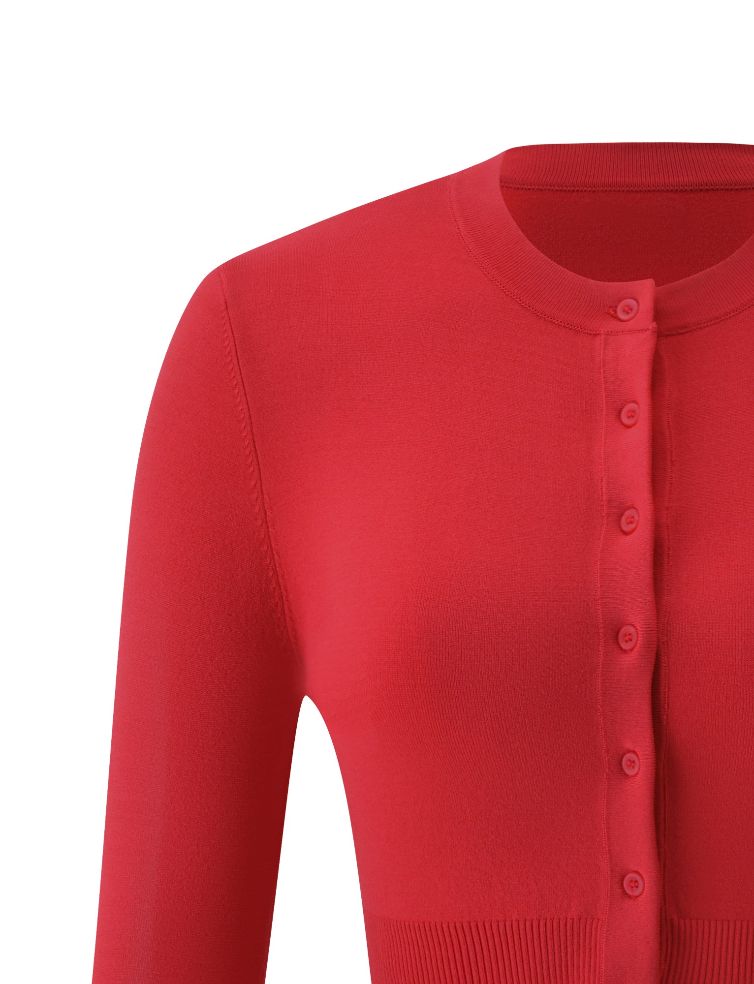 A close-up of the DAMARIS CARDIGAN - RED by TIGERMIST, a button-up knit cardigan with long sleeves and a round neckline, featuring a row of red buttons down the front. This stylish cropped piece is perfect for layering during the summer season.