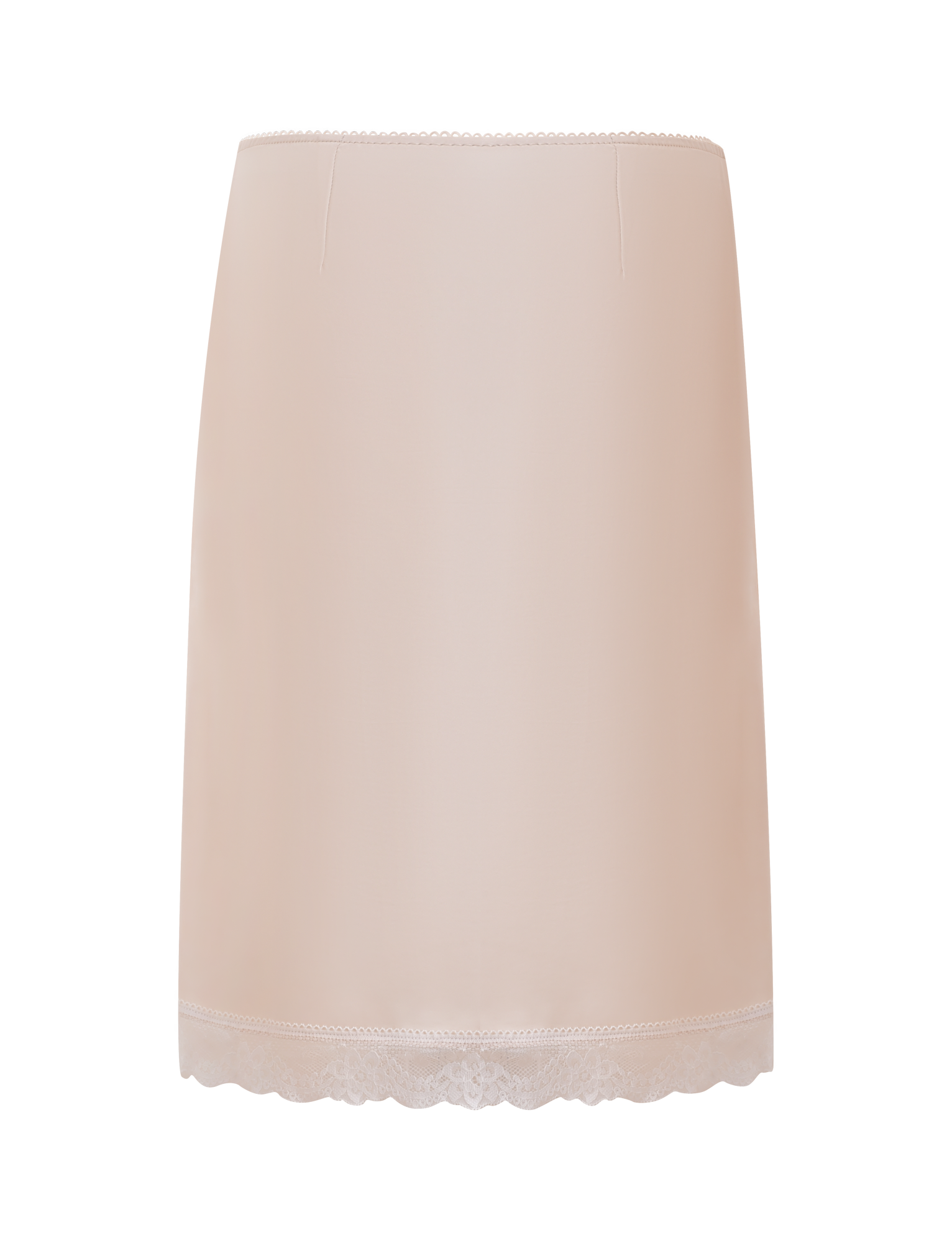 The LEISEL SKIRT - CREAM by TIGERMIST features a straight cut, subtle seam details at the top, and a delicate lace trim at the hem, showcased against a white background.
