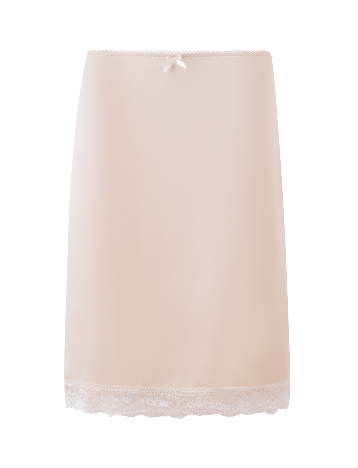 The TIGERMIST LEISEL SKIRT - CREAM is a light beige lace trim skirt with a satin bow at the waistband and delicate lace detailing along the hem, shown against a plain white background.