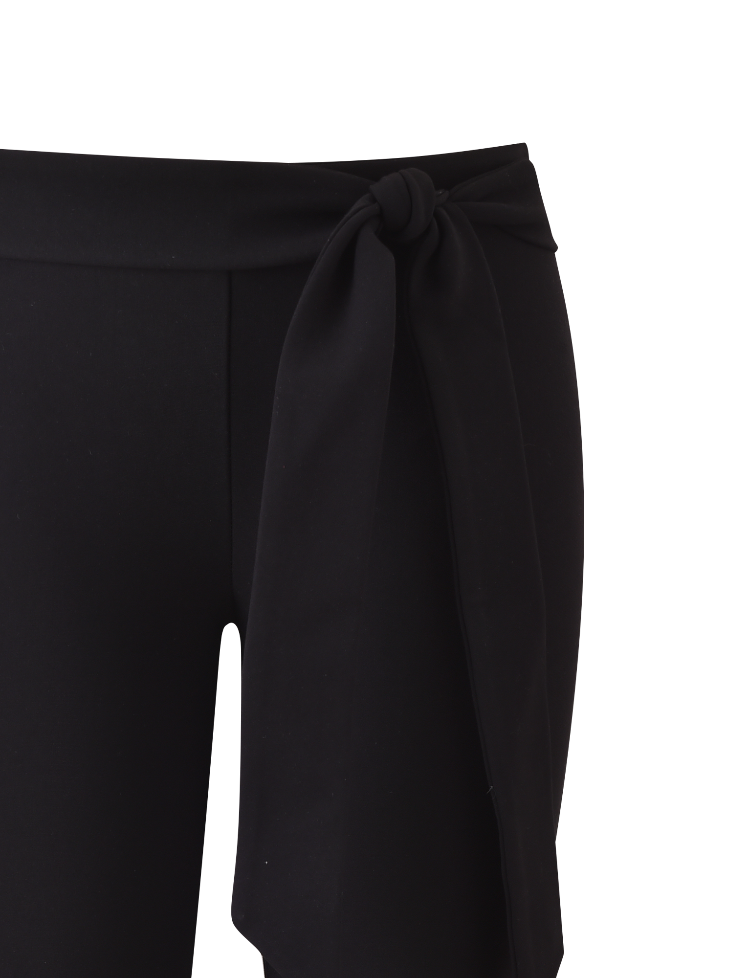 Close-up of TIGERMIST PILAR CAPRI - BLACK featuring a wide, removable waist tie styled in a large bow on the left side, set against a white background.