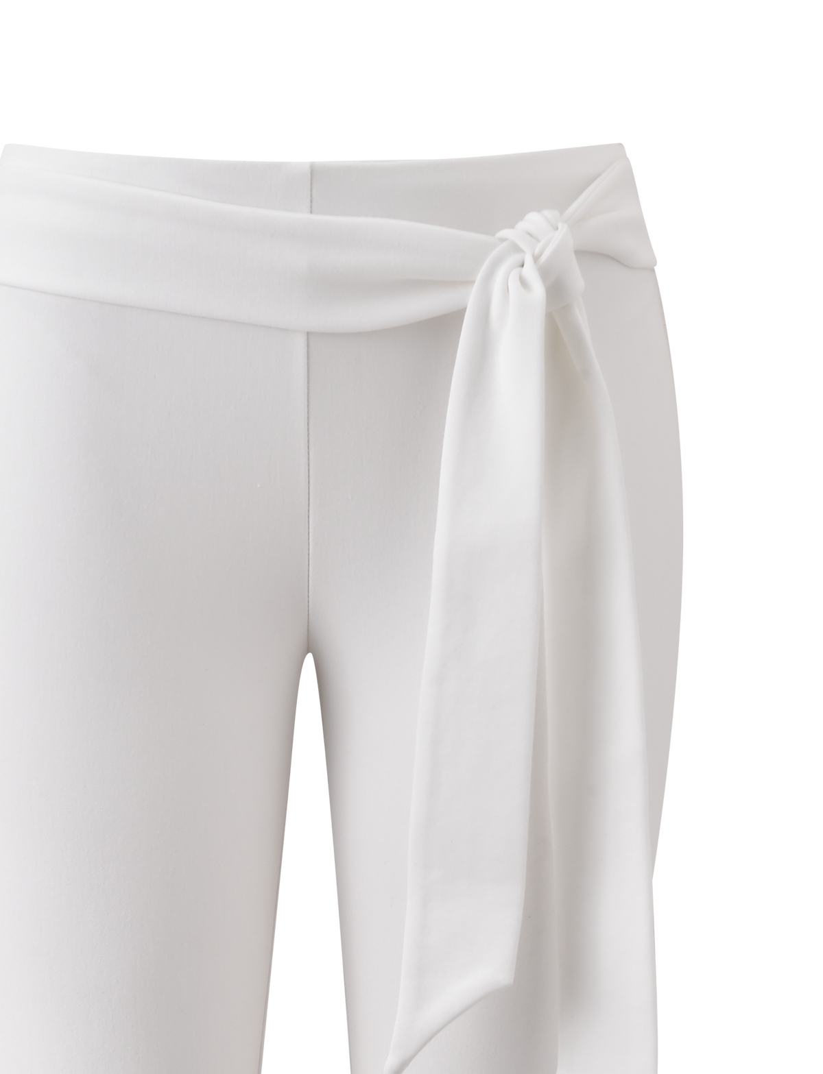 Close-up of the TIGERMIST PILAR CAPRI in white, featuring a removable waist tie knotted at the mid-rise waist, displayed against a plain white background.