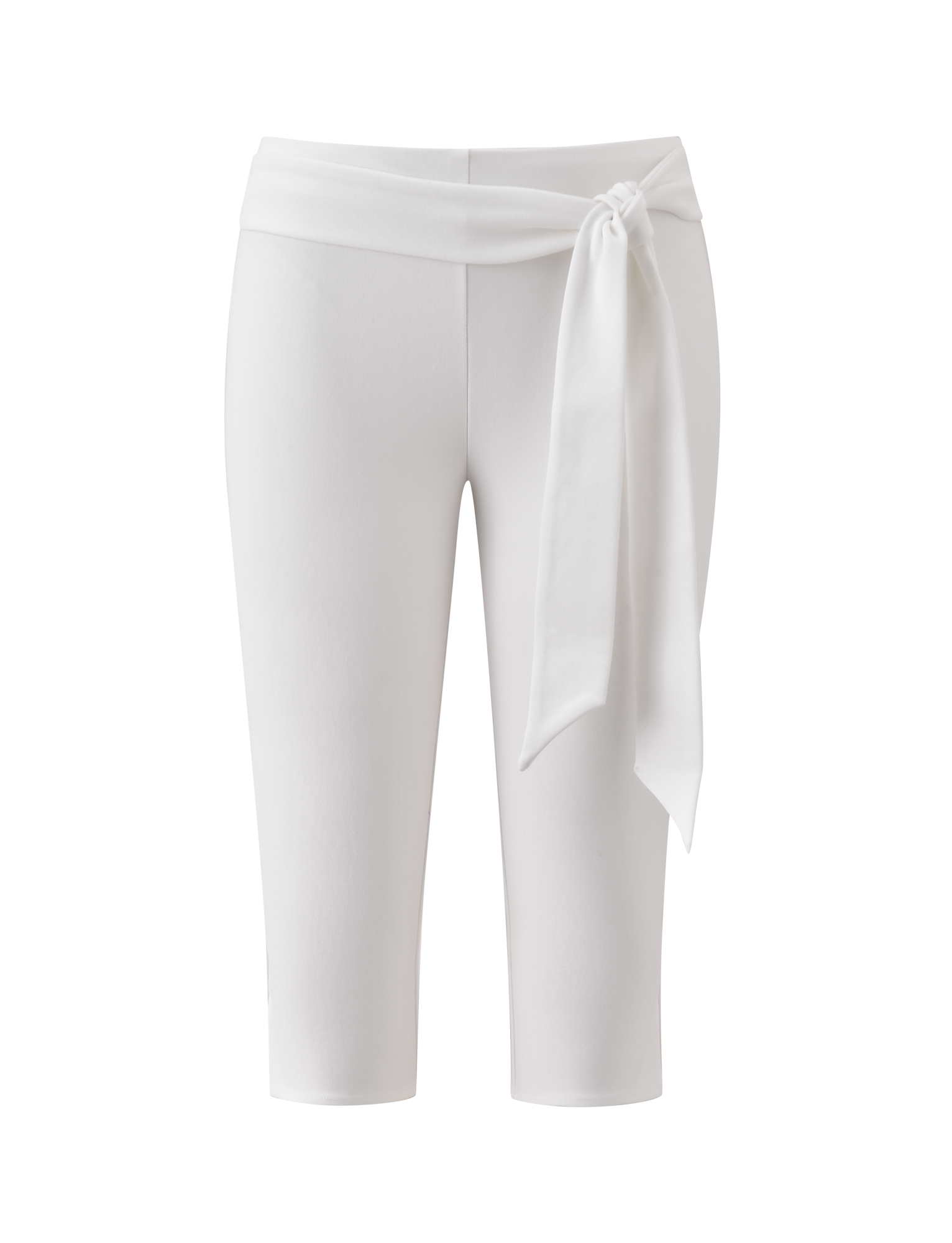 The TIGERMIST PILAR CAPRI - WHITE is a white ponte capri pant with a mid-rise waist and a removable side-knotted tie, shown on a plain white background.