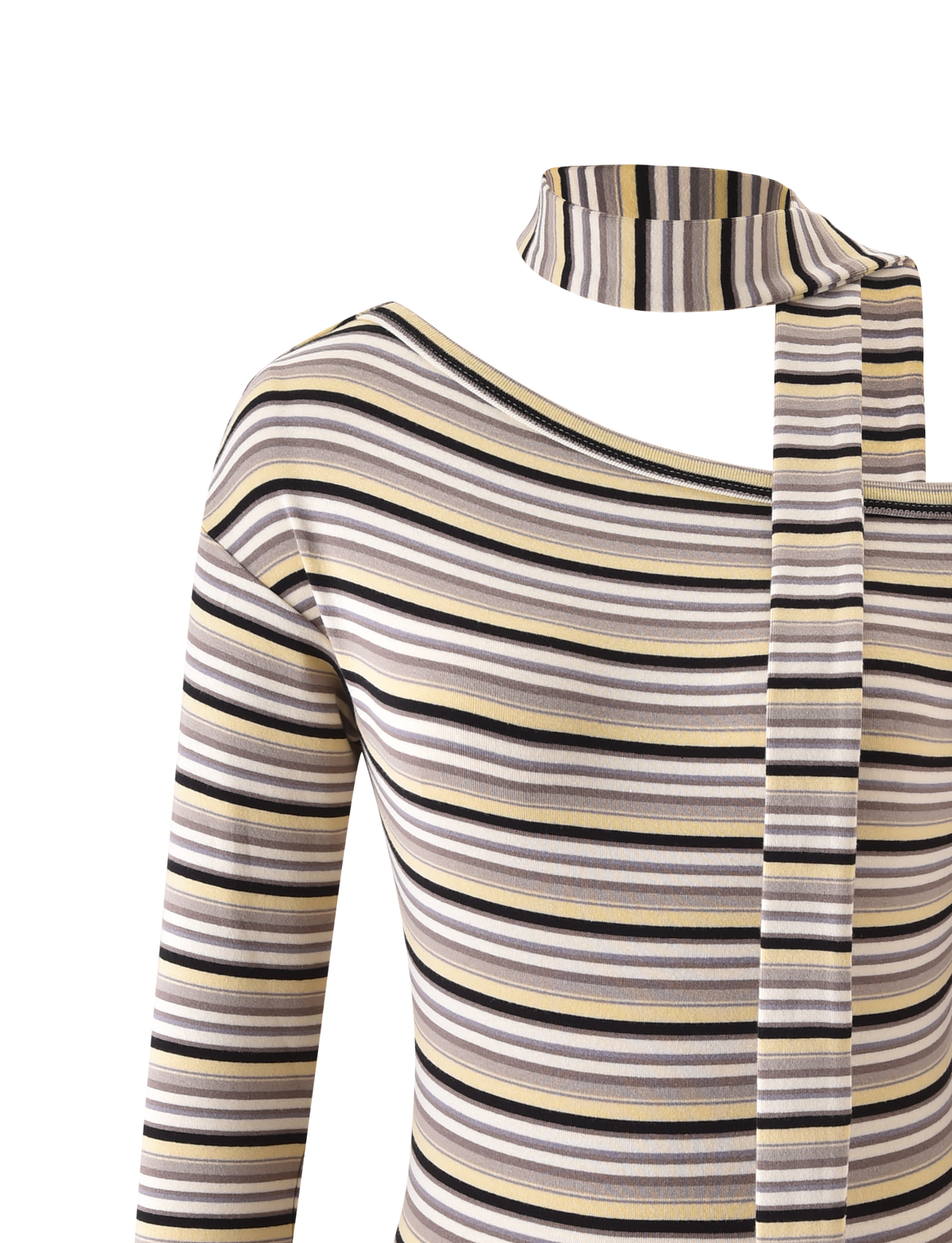Close-up of the TIGERMIST KIERSTEN SCARF TOP - MULTISTRIPE, featuring yellow and brown stripes with an asymmetrical off-shoulder neckline and a matching striped scarf draped over the right shoulder.
