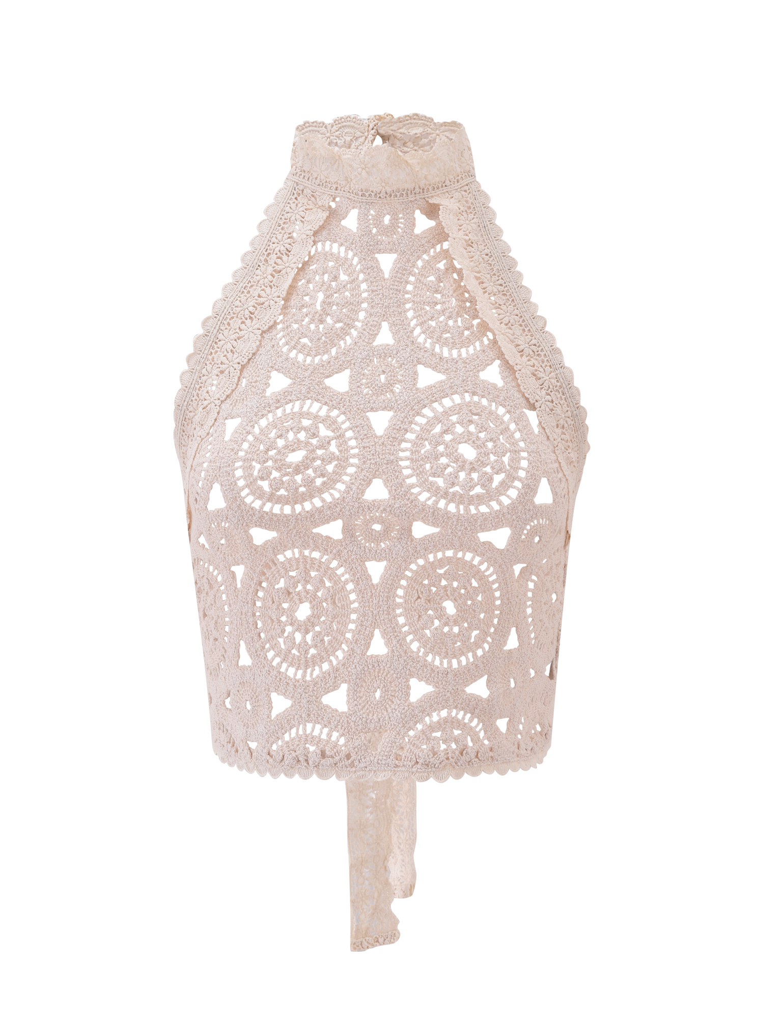 The SYNTHIA CROCHET TOP in cream by TIGERMIST features intricate circular and geometric crochet patterns, scalloped edges, lace trim, a high neckline, and tie-back closure—ideal as a chic beach cover-up.