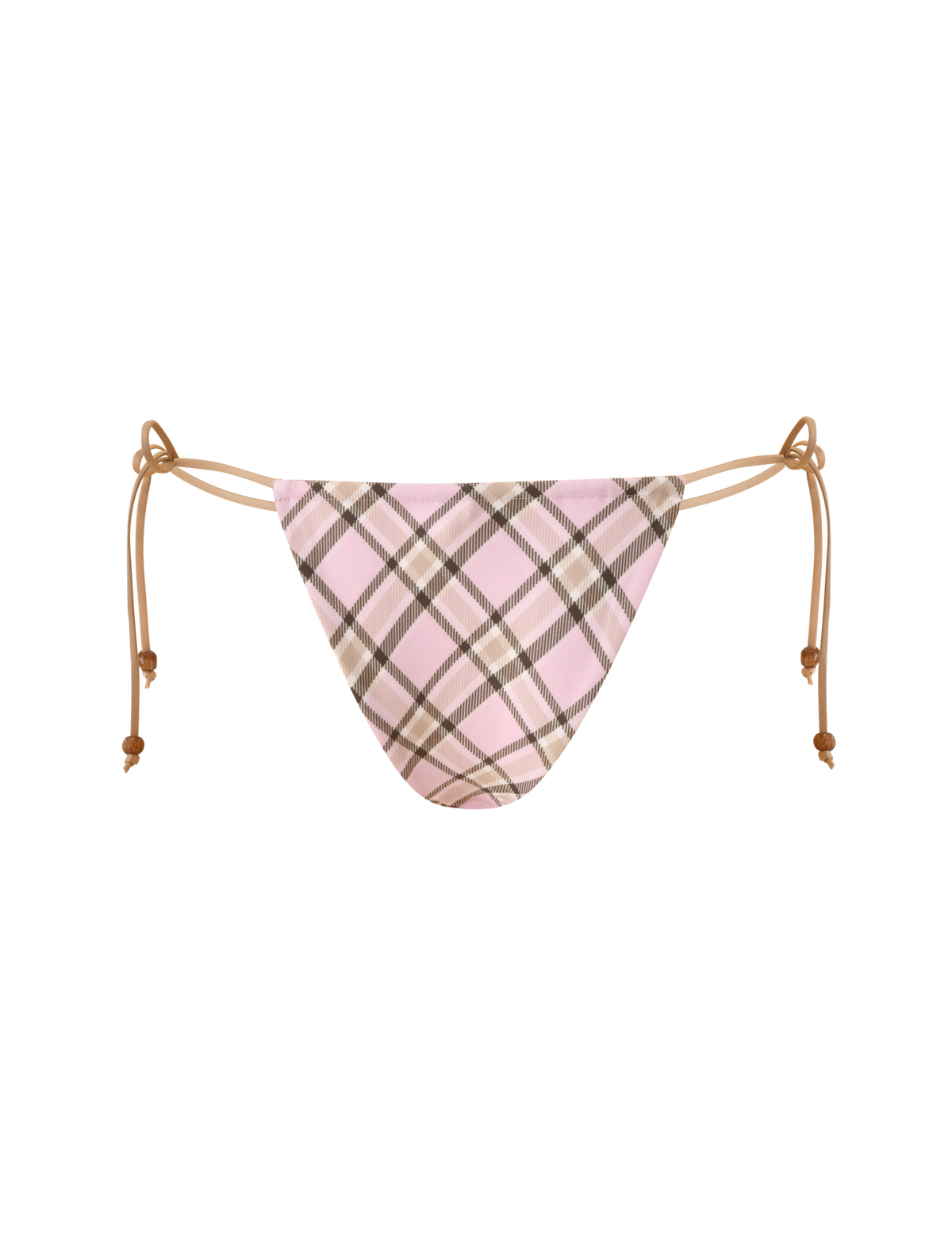 The TIGERMIST AVE Reversible Bikini Bottom with Scarf in tan and pink plaid features a low-rise cut and side ties, displayed on a white background.