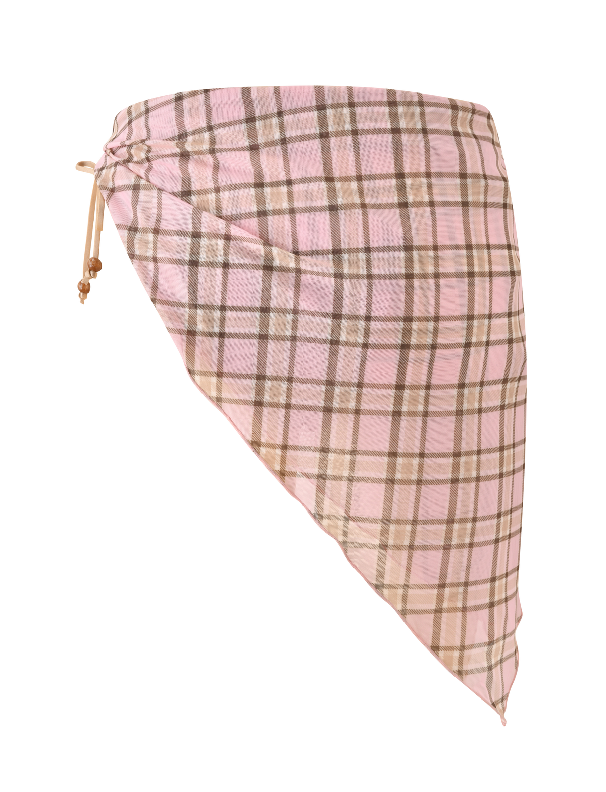 The AVE Reversible Bikini Bottom with Scarf in tan and pink plaid by TIGERMIST features a triangular scarf detail with drawstring and bead accents, reminiscent of a playful bikini bottom, set against a plain white background.