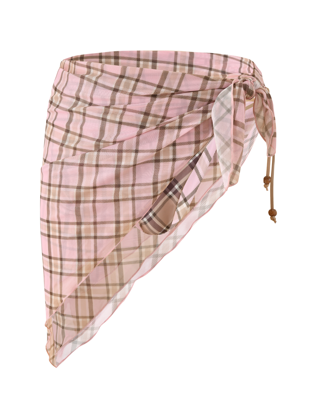 The TIGERMIST AVE Reversible Bikini Bottom with Scarf in tan and pink plaid features a knot detail and asymmetrical hem, designed to pair effortlessly with your favorite swim looks. Shown against a white background.