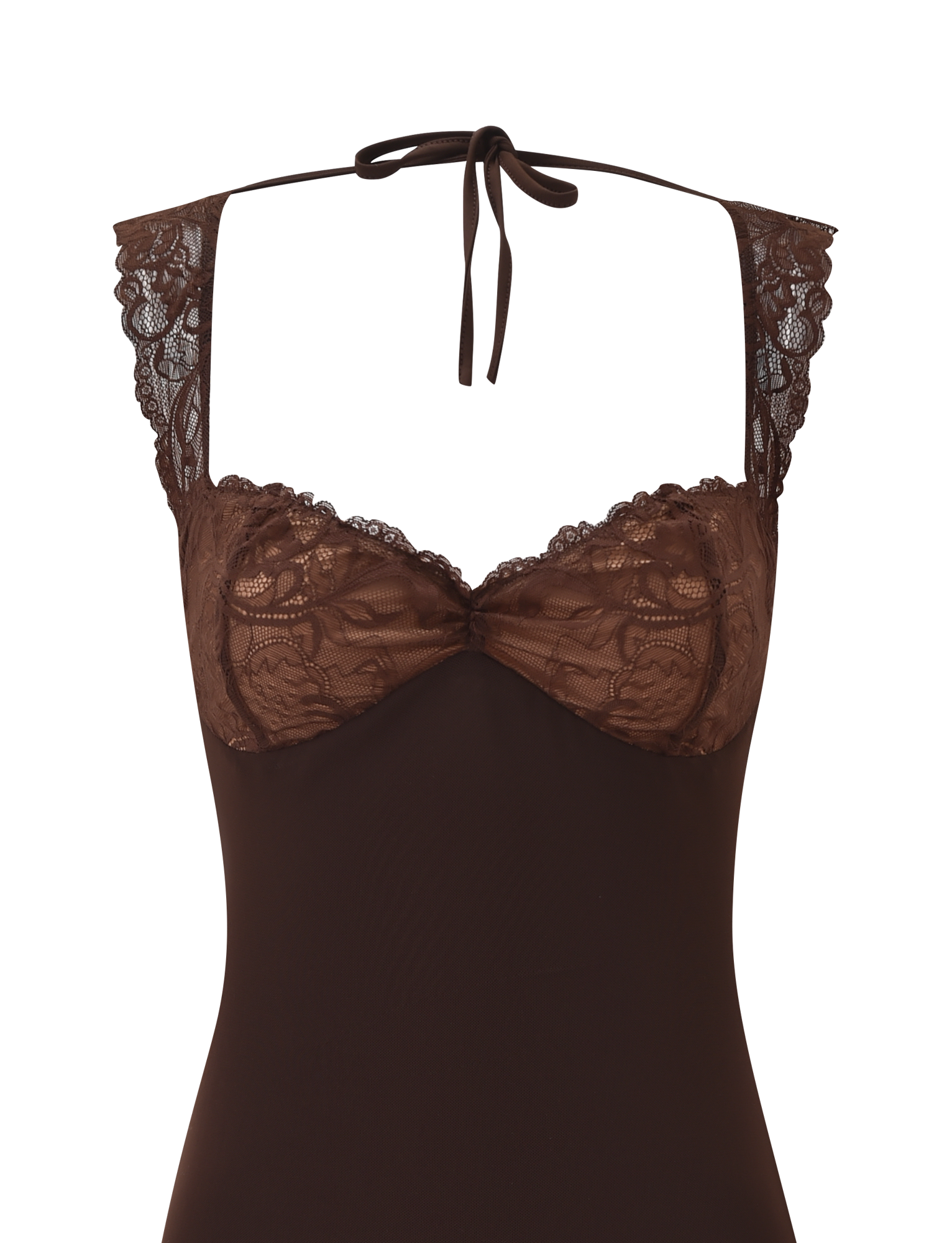 The TIGERMIST NYOMI MINI DRESS in chocolate features sheer lace cups, lace shoulder straps, a halter neck tie, and an open back design, showcased against a plain white background.