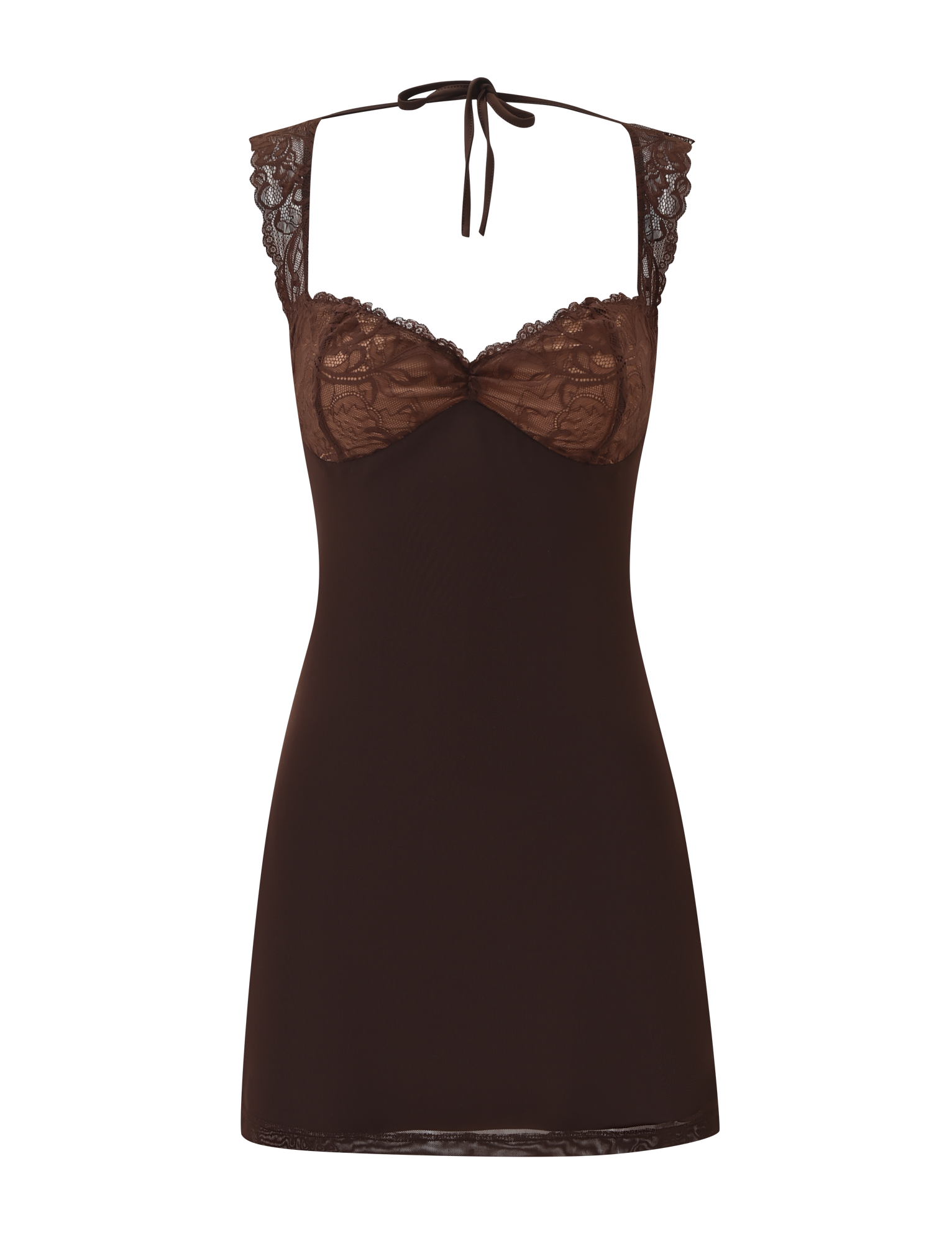 The TIGERMIST NYOMI MINI DRESS in chocolate features sheer lace at the bust, lace shoulder straps, a halter neck tie, an open back, and a fitted silhouette with elegant details for a captivating finish.
