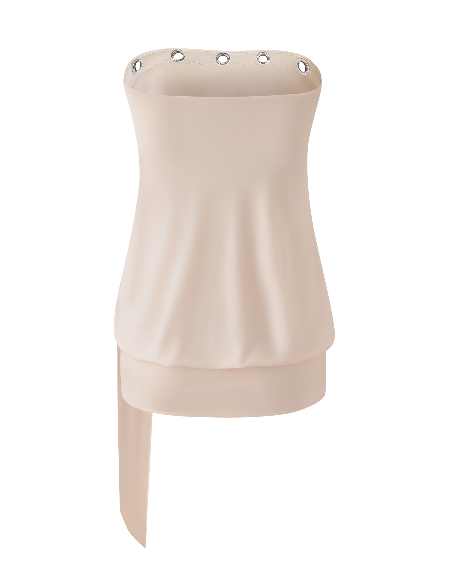 The TIGERMIST RAVENNA MINI DRESS in cream features a strapless design with silver grommet details on the top edge and an asymmetrical draped side panel, displayed against a plain white background.