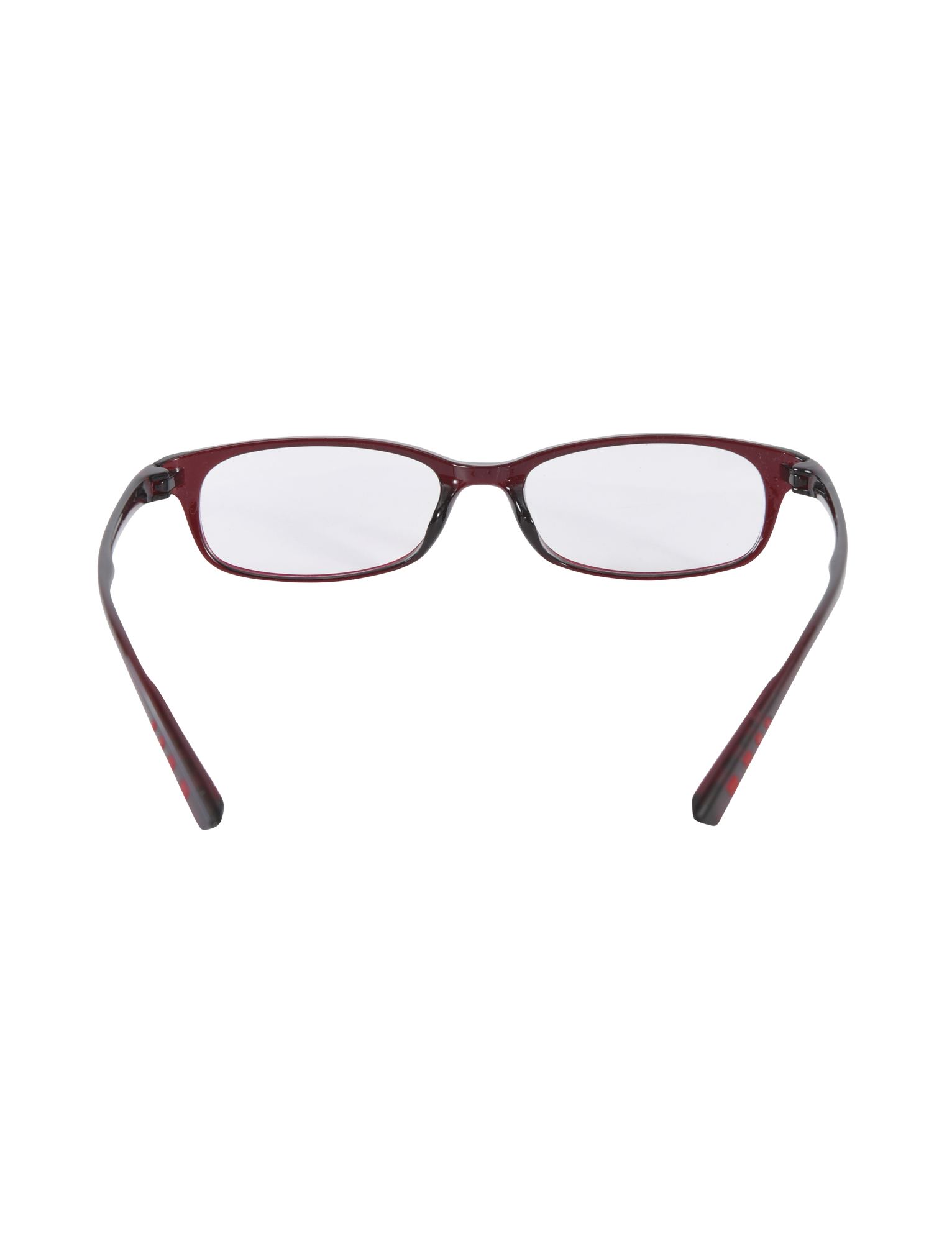 The KAYA FASHION GLASSES - DEEP RED by TIGERMIST are narrow rectangular glasses with a deep red acrylic frame and clear lenses, shown from the front on a plain white background.