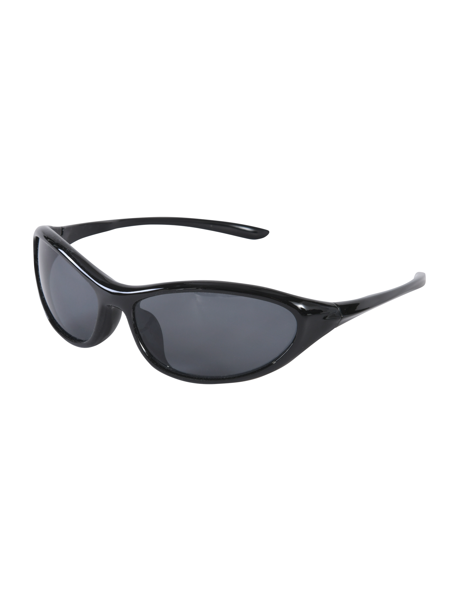 TIGERMIST RIVAH FASHION GLASSES - BLACK: Glossy black wraparound sunglasses with reflective dark lenses and slim, slightly curved arms for a secure fit, shown on a plain white background.