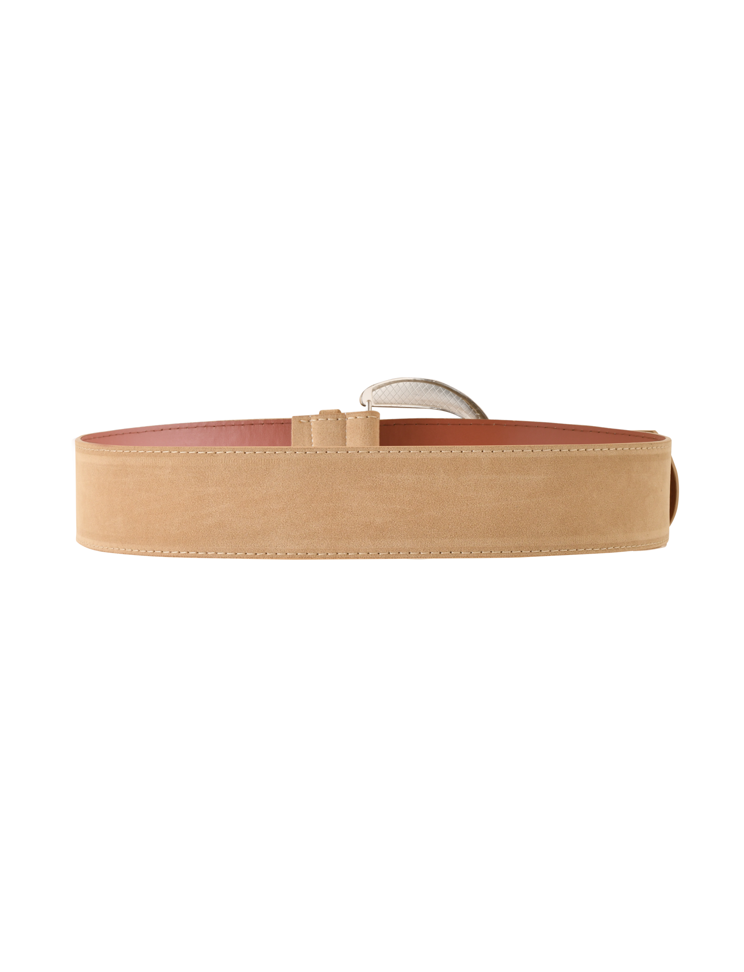The TIGERMIST MARTINA BELT in tan features visible stitching, a large silver buckle, and a wide faux suede design, shown against a white background.