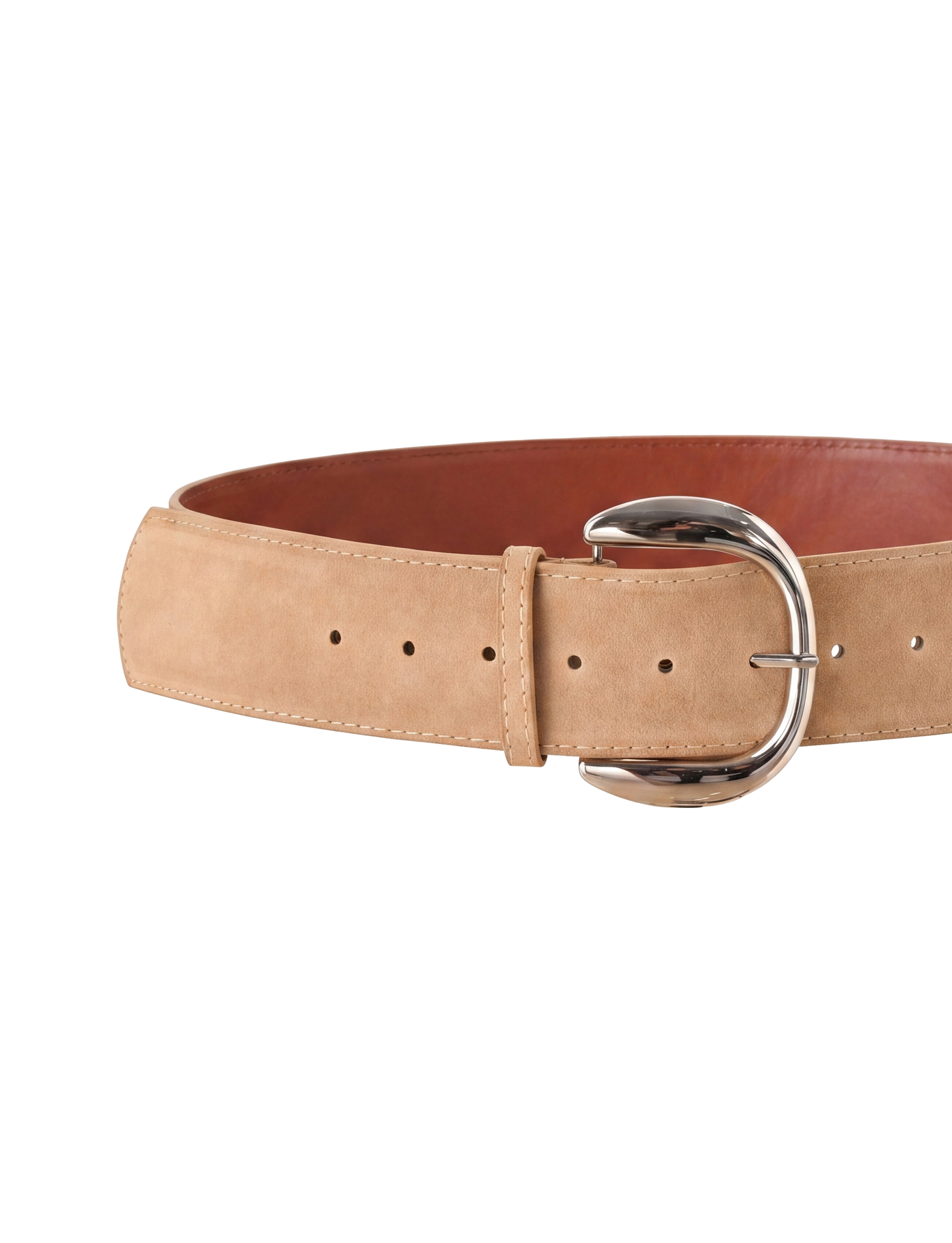 The MARTINA BELT - TAN by TIGERMIST is a tan faux suede belt featuring a large silver buckle and multiple adjustment holes, shown against a white background.