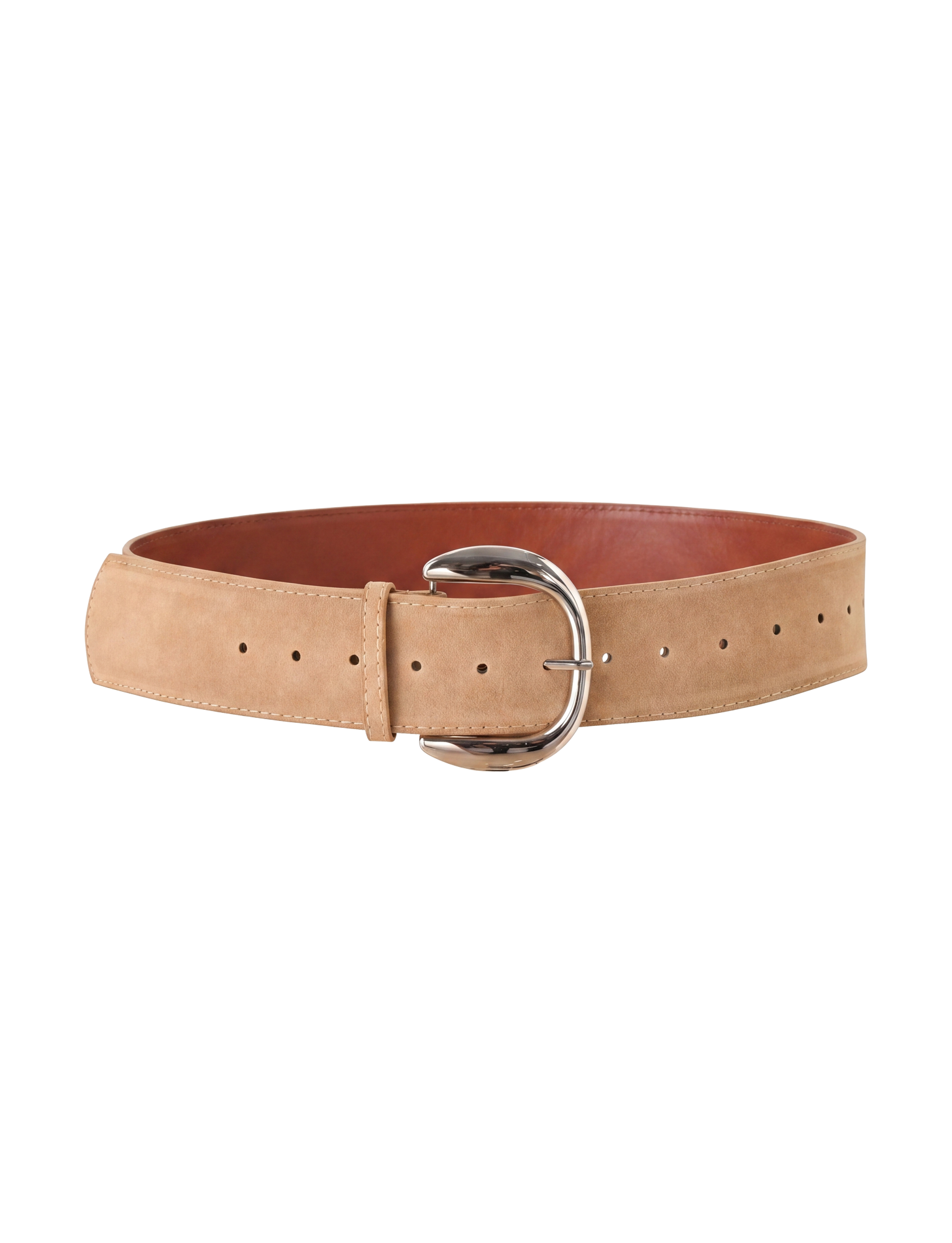 The TIGERMIST MARTINA BELT - TAN is crafted from faux suede with a large silver buckle, multiple adjustment holes, and a smooth texture. It features a reddish-brown inner lining and is shown against a white background.