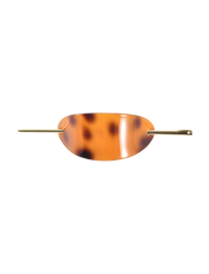 The TIGERMIST RUKA BARETTE - TORTOISESHELL is a chic acrylic hair accessory with a curved oval shape and a slender gold bar closure threaded through end holes.