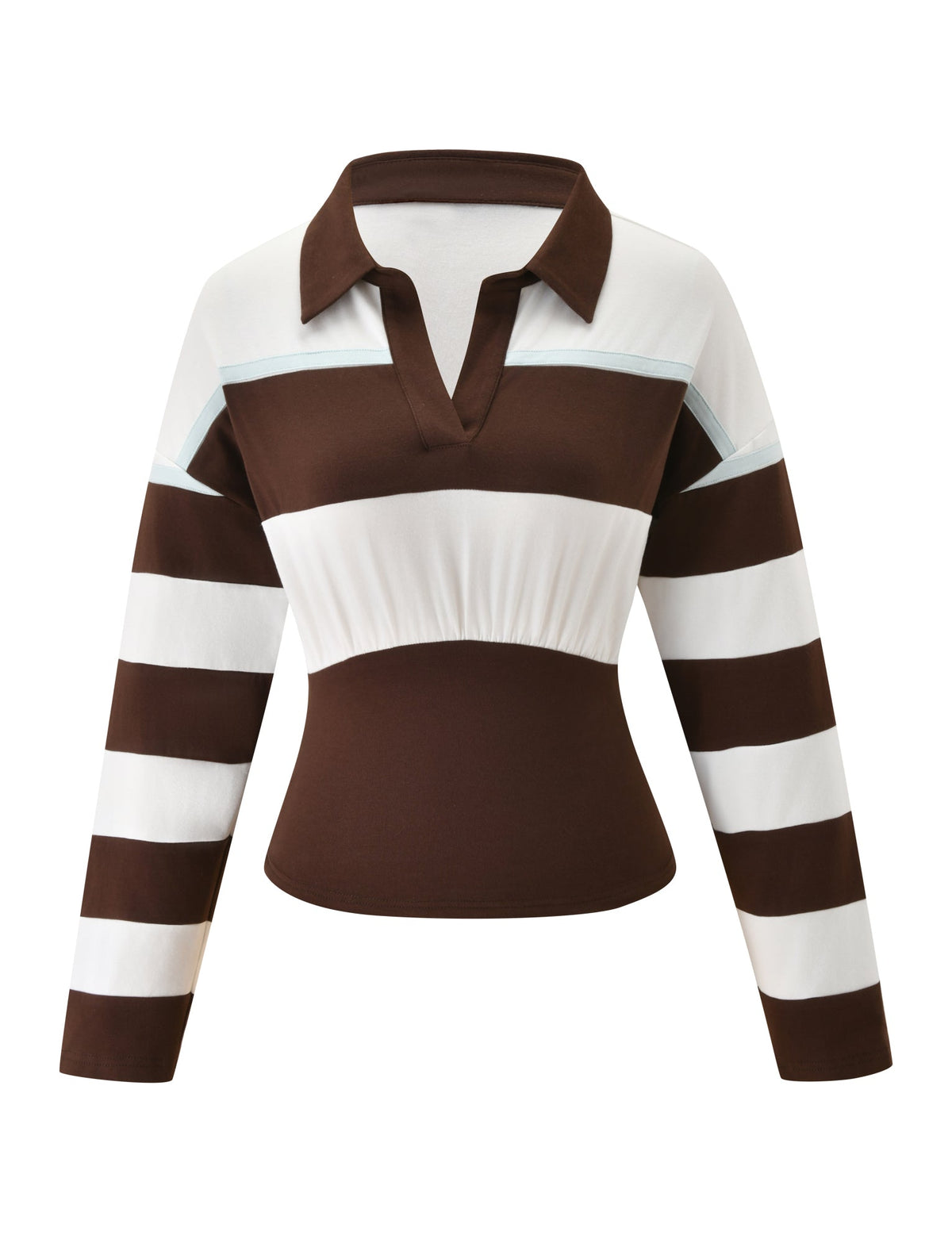The COLLINS RUGBY TOP by TIGERMIST features a long-sleeve design with chocolate and white horizontal stripes, a polo collar, deep V-neckline, and a fitted waist.