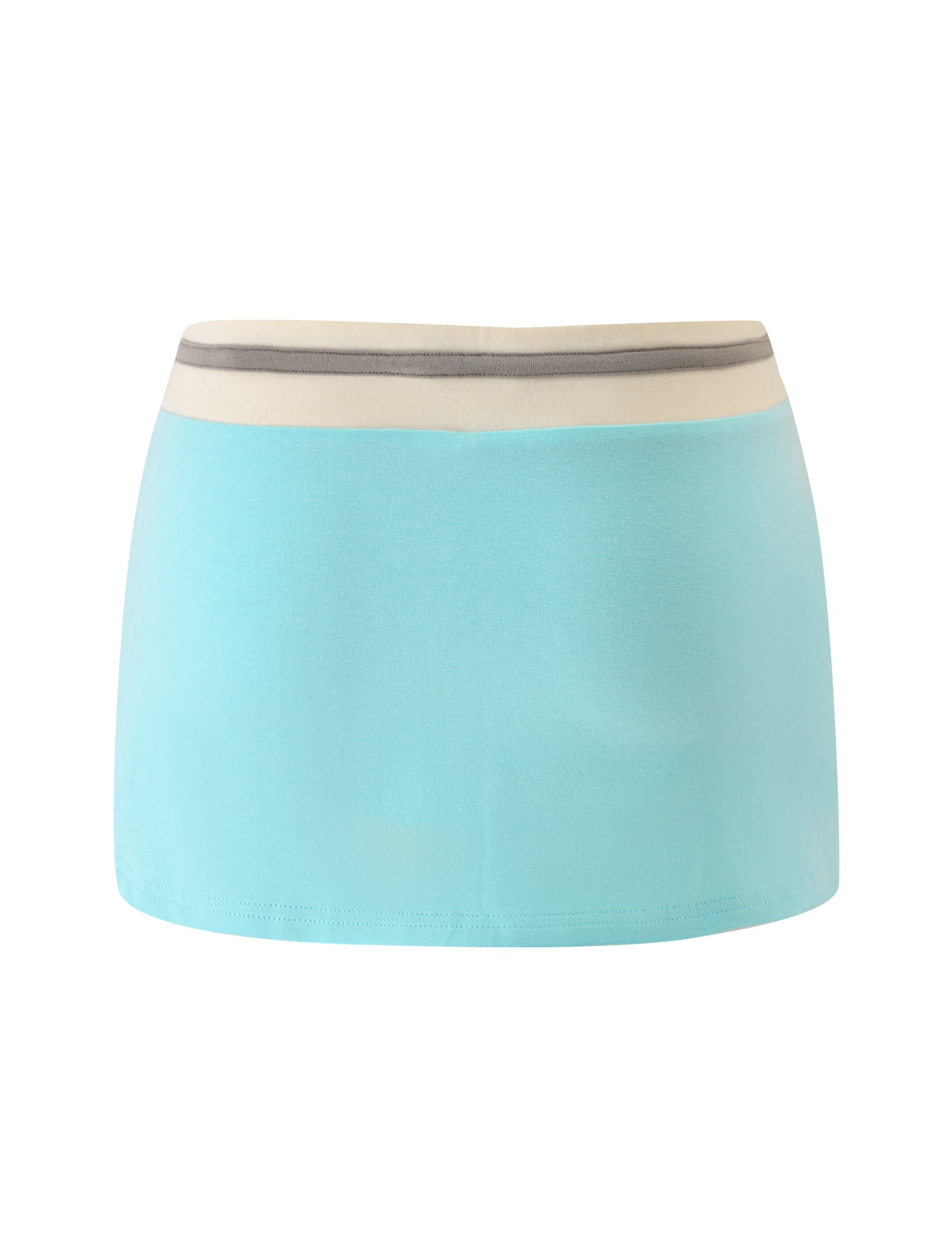 Discover the COLLINS MINI SKORT - AQUA by TIGERMIST—a stylish, light aqua blue skort featuring a wide white waistband and a thin gray stripe near the top. Designed with comfort in mind, this skort offers a simple, straight silhouette free from visible patterns or decorations, making it an effortlessly chic choice for your everyday style.