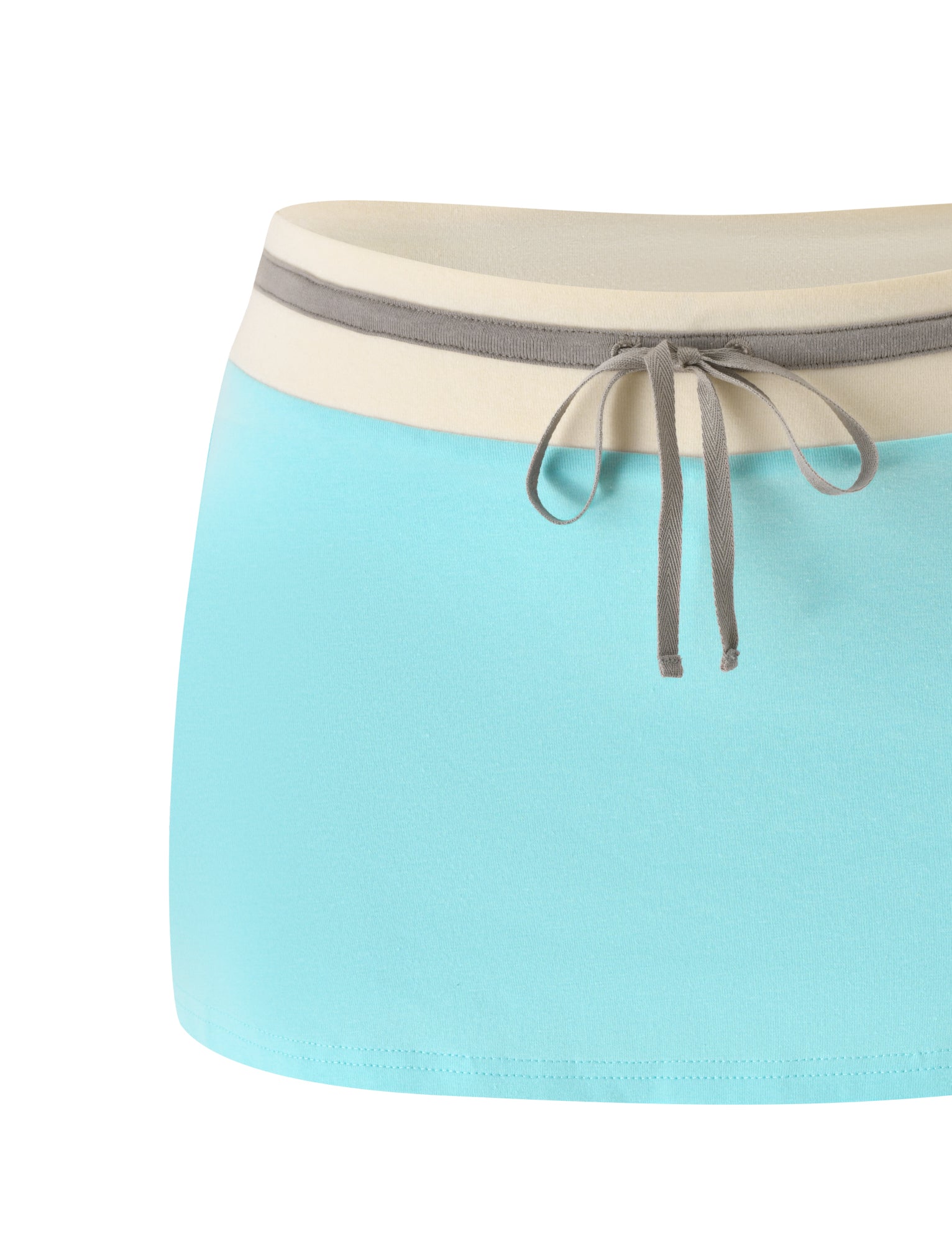 The TIGERMIST COLLINS MINI SKORT - AQUA is a stylish aqua blue skort featuring a beige waistband and a gray drawstring tie at the front. With its comfortable, low-rise mini skirt silhouette, this skort is displayed against a white background.