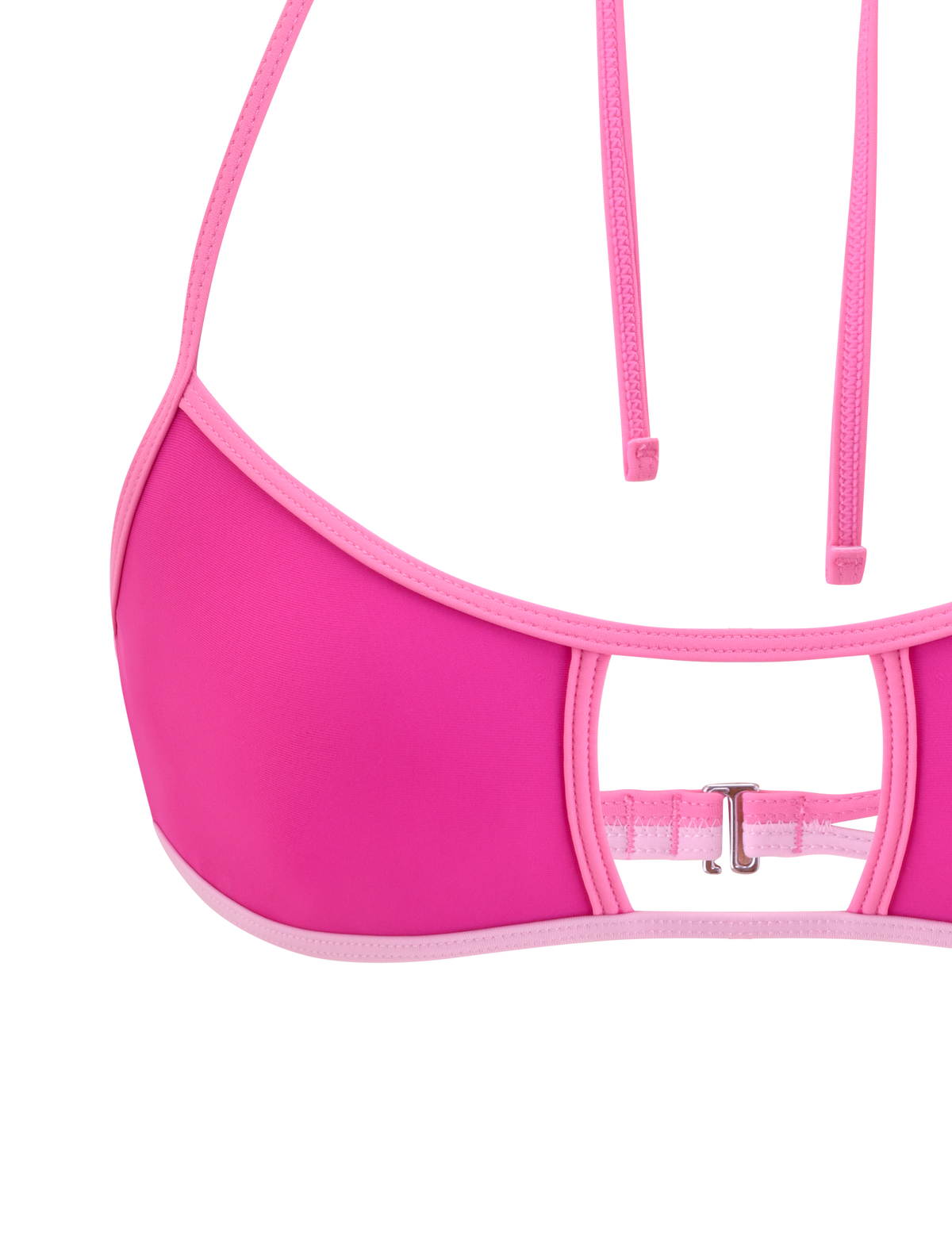 Close-up of the TIGERMIST PALMER BIKINI TOP - BERRY: a two-toned pink bikini top featuring a cutout, silver back clasp, thin adjustable halter straps, and light pink trim along the edges.