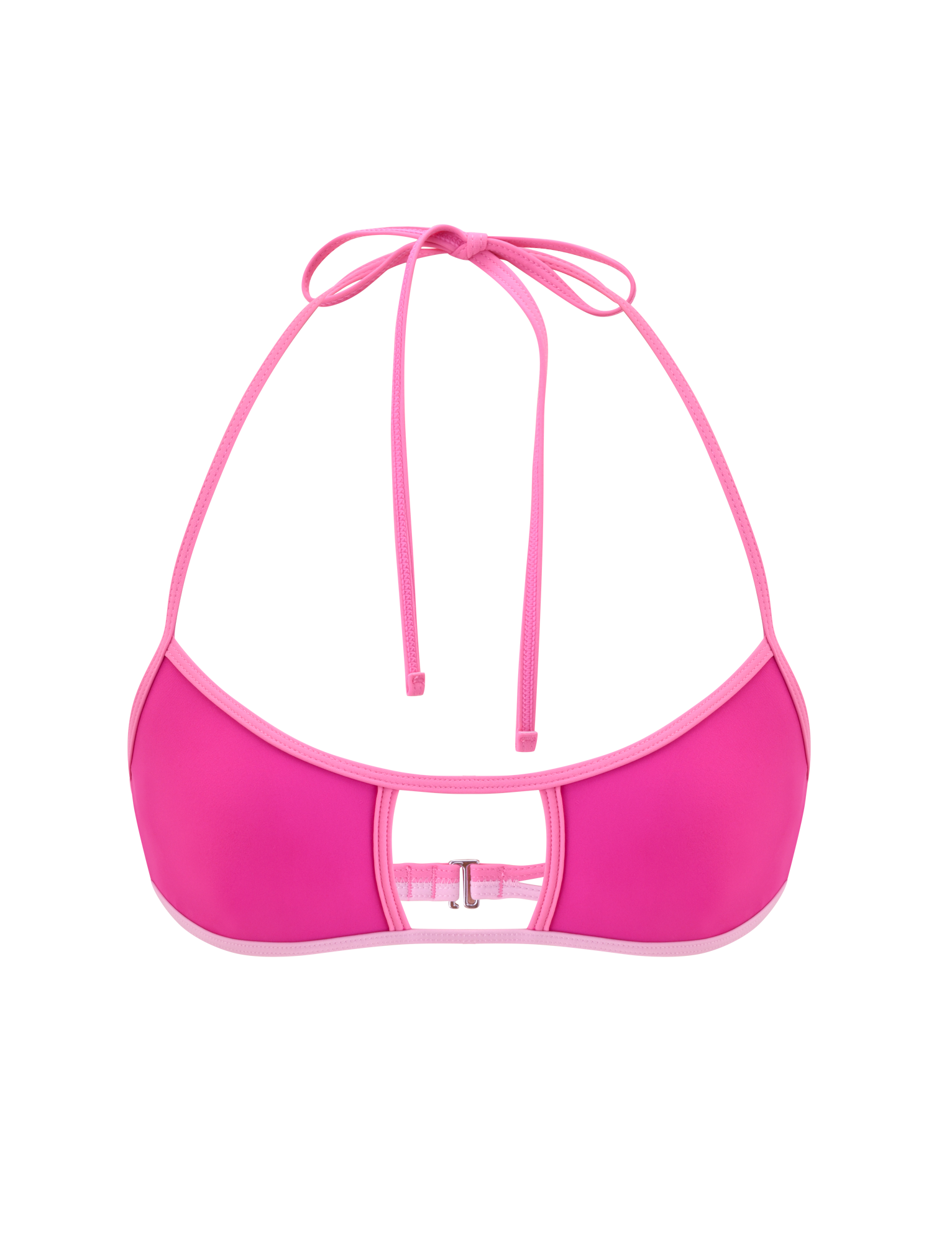 The TIGERMIST PALMER BIKINI TOP - BERRY is a vibrant pink two-tone halter bikini top with light pink trim, an adjustable neck tie, cut-out detail, and a metal clasp center front. Shown against a plain white background.