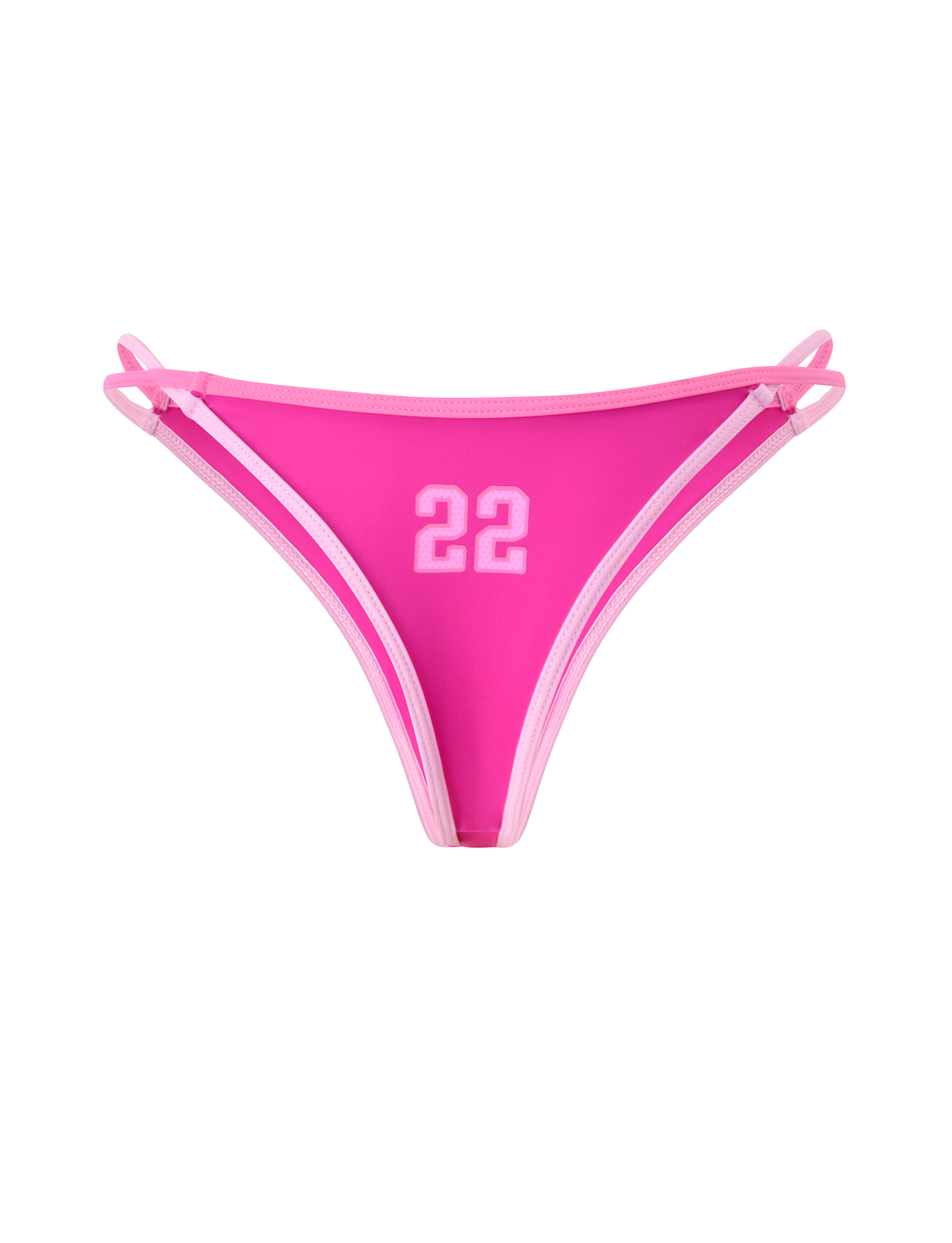 The PALMER BIKINI BOTTOM - BERRY by TIGERMIST is a bright pink bikini bottom with white trim, double side straps, and a sporty white "22" print on the front. Features a cheeky fit and is great for bold summer looks.