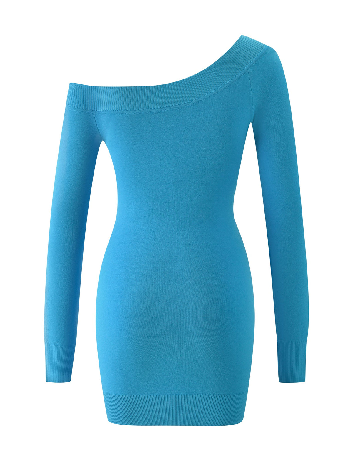 Introducing the PARKER KNIT MINI DRESS - CAPRI by TIGERMIST: This vibrant blue mini dress showcases a ribbed texture on the sleeve ends and neckline. Its asymmetrical neckline is crafted to sit off one shoulder, adding a chic, contemporary edge. Designed with a smooth bodycon fit and free of visible patterns or embellishments, this dress offers both elegance and simplicity for any occasion.