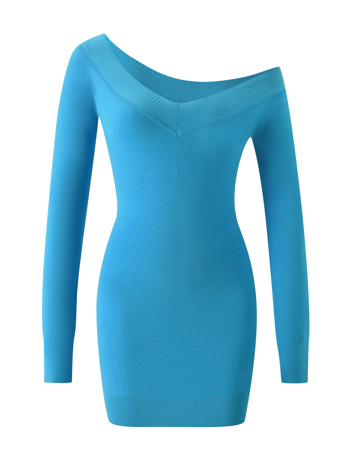 Introducing the PARKER KNIT MINI DRESS – CAPRI by TIGERMIST: a vibrant blue, long-sleeve, off-the-shoulder bodycon mini dress. It features ribbed detailing along the wide neckline, cuffs, and hem for added texture, and offers a form-fitting silhouette with a knee-length cut, creating a sleek yet cozy look.