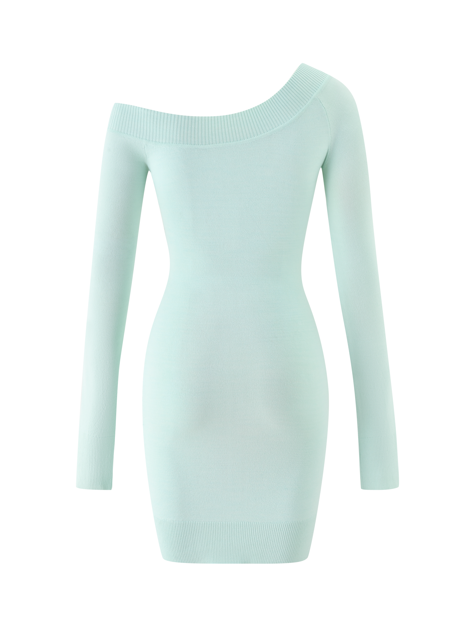 Mint green, long-sleeve PARKER KNIT DRESS by TIGERMIST featuring an off-shoulder design and fitted silhouette, displayed on a plain white background.