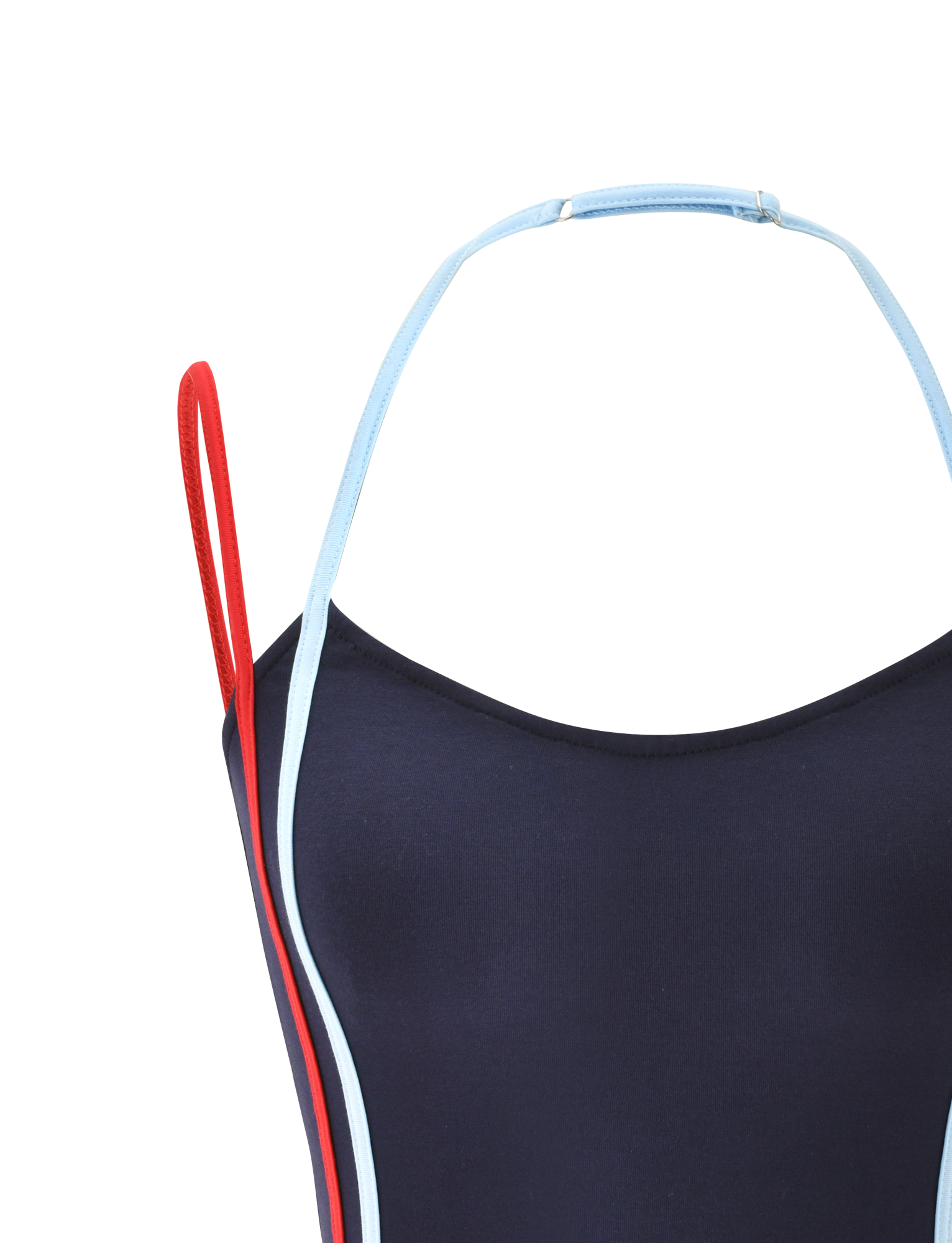 A close-up of the TIGERMIST TATUM TOP - NAVY STRIPE, featuring an open back, one red and one light blue shoulder strap, and light blue piping, displayed on a plain white background.