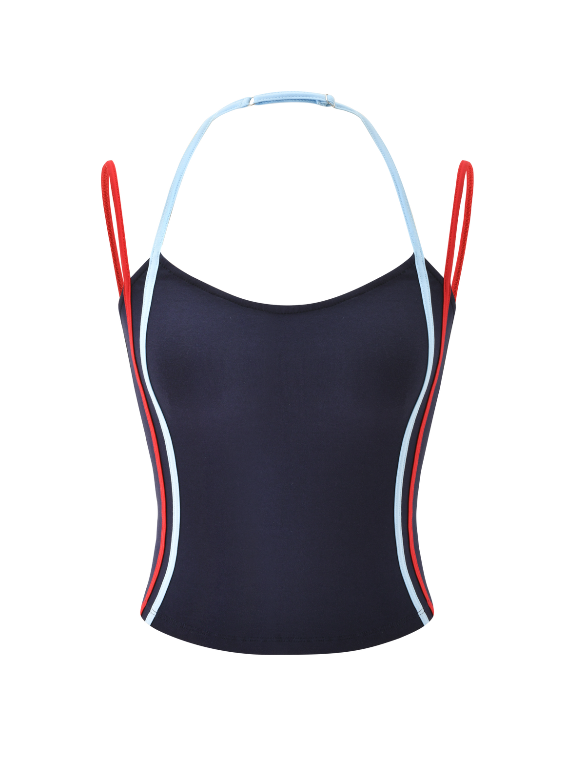 The TATUM TOP - NAVY STRIPE by TIGERMIST is a navy crop singlet with red and light blue straps, an adjustable halter neckline, color-accented sides, and a stylish open back, shown against a plain white background.