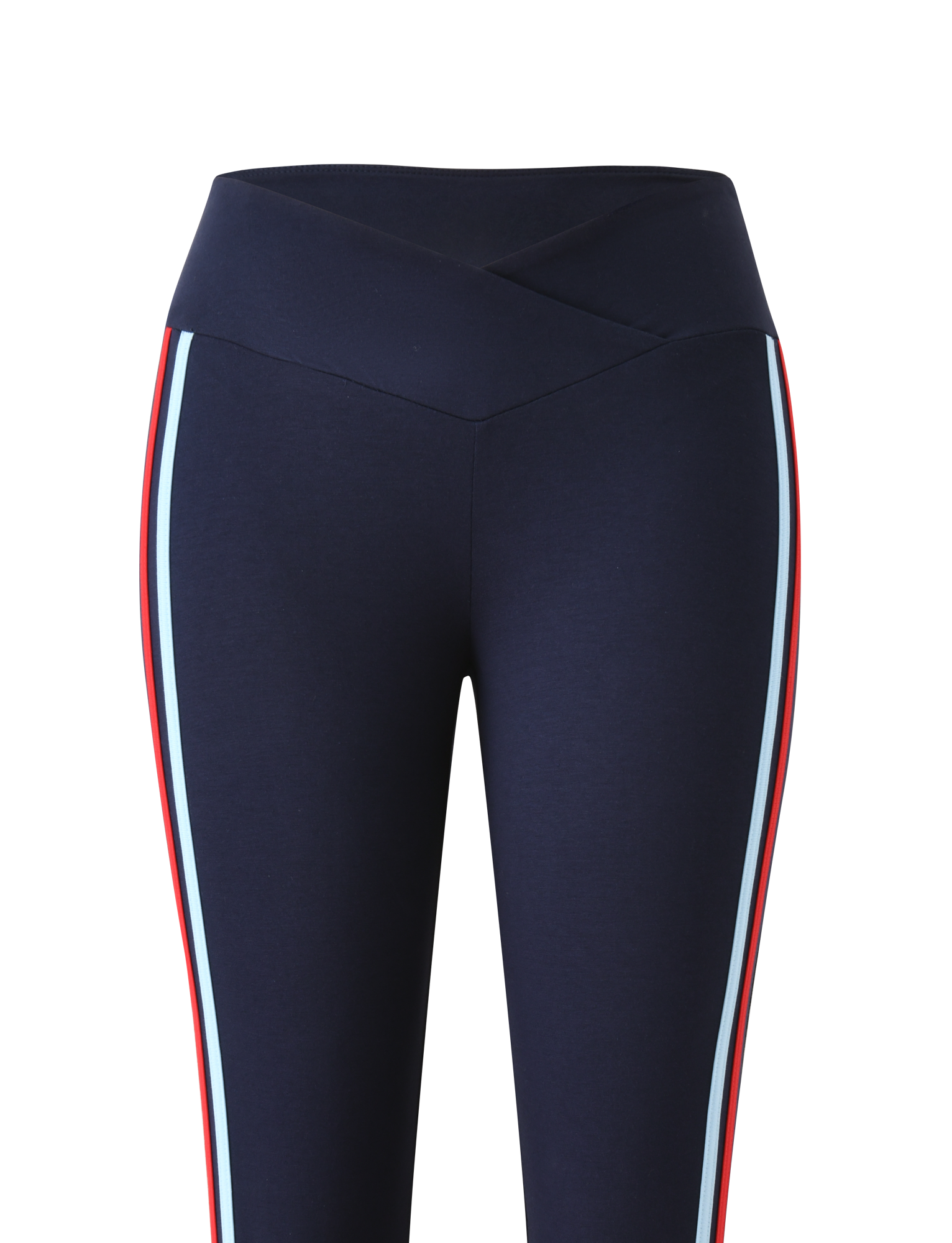 The TIGERMIST TATUM CAPRI - NAVY STRIPE features a V-front waistband and vertical red and light blue side stripes for a sporty, flattering look.