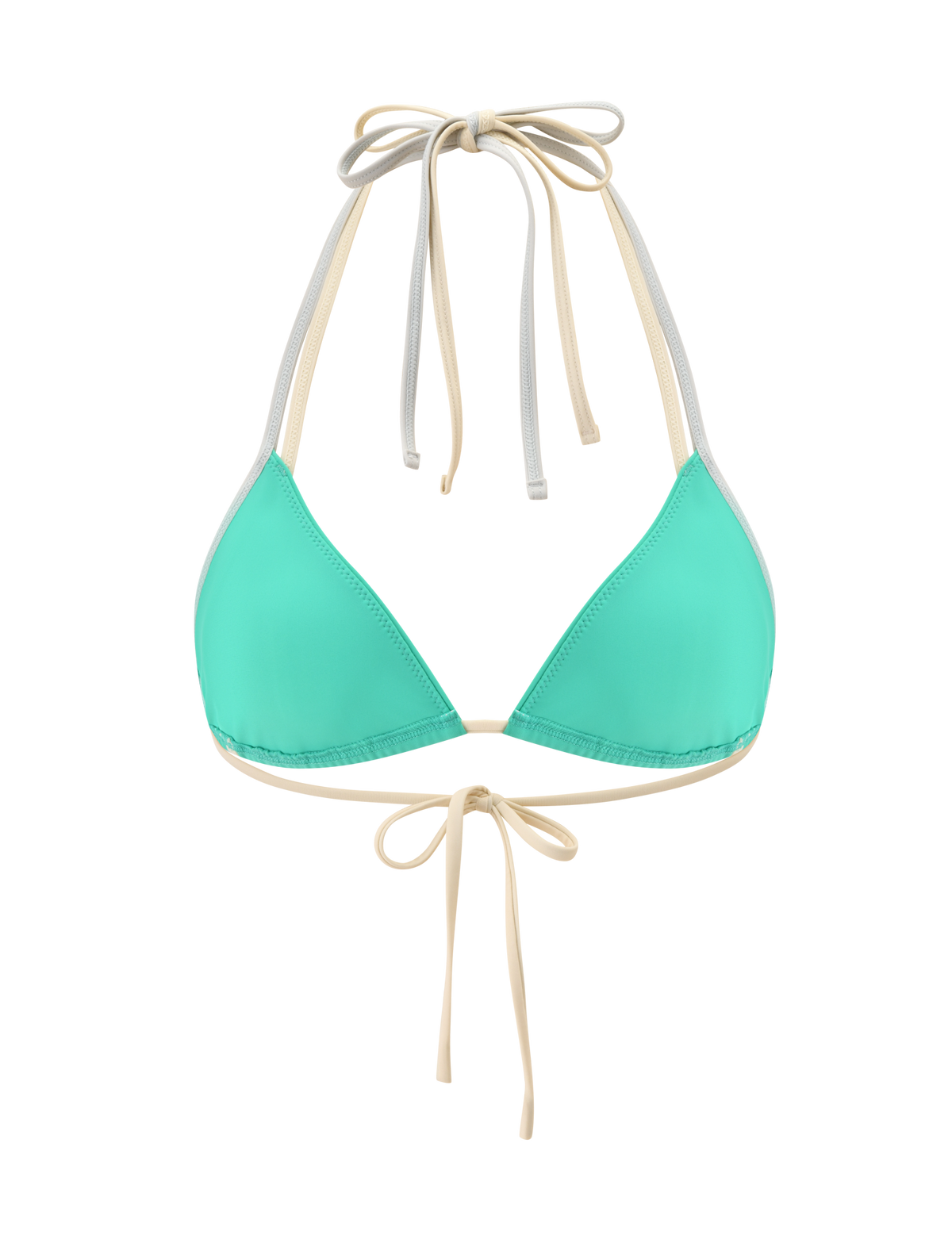 The TIGERMIST JACE BIKINI TOP in Kelly Green is a triangle style with light beige adjustable halter ties at the neck and back for a custom fit, displayed against a white background.