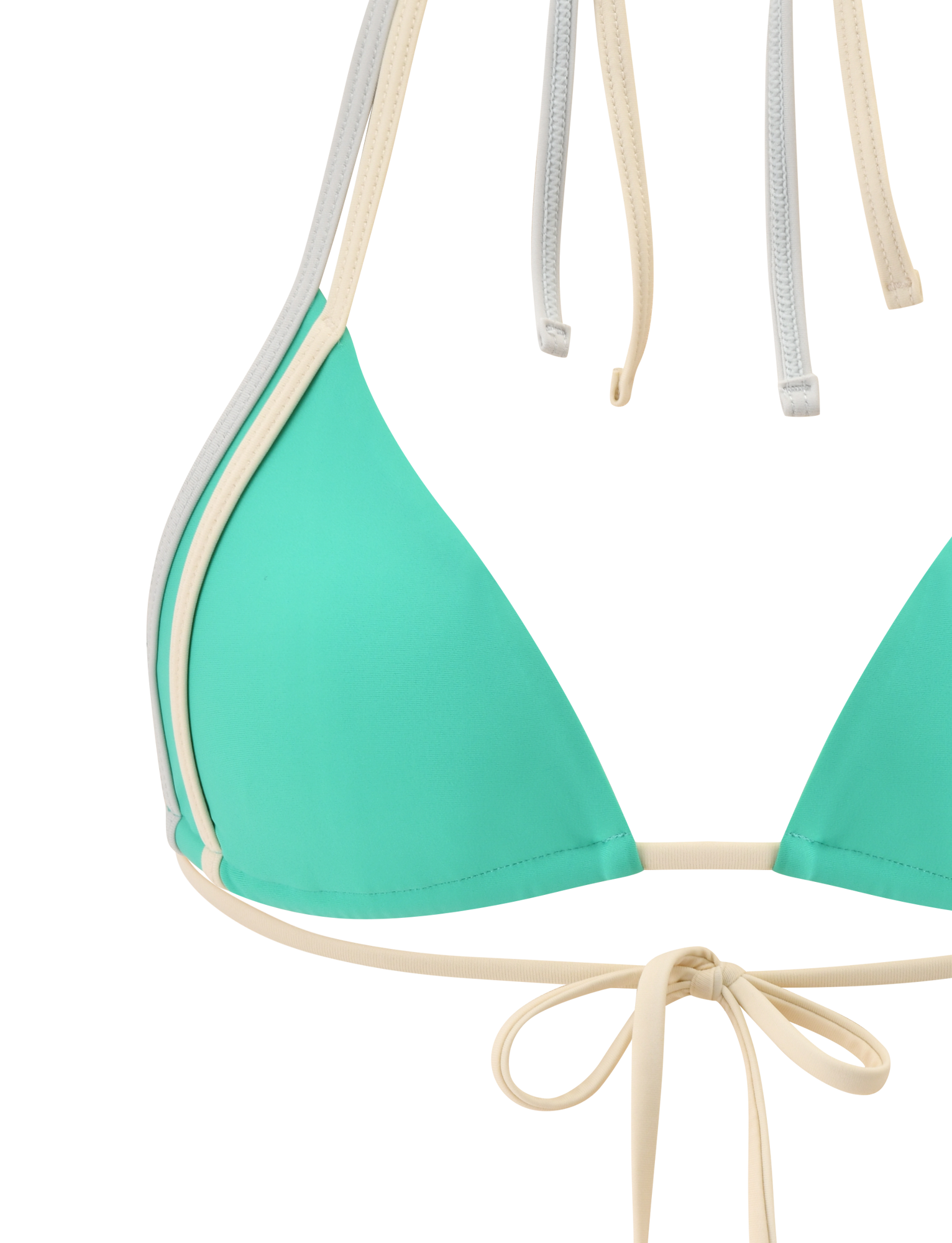 A close-up of the TIGERMIST JACE BIKINI TOP in kelly green with beige trim and straps, featuring an adjustable halter neck and tie-back design, set against a plain white background.