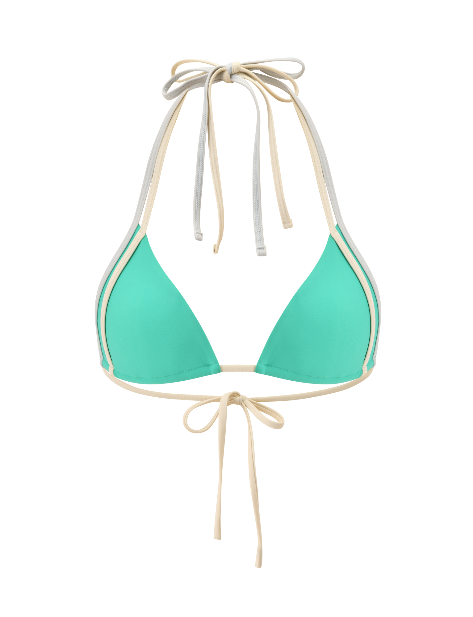 The JACE BIKINI TOP by TIGERMIST in Kelly Green features beige and white adjustable back and neck ties for a customizable fit. This triangle halter bikini top is shown against a white background.