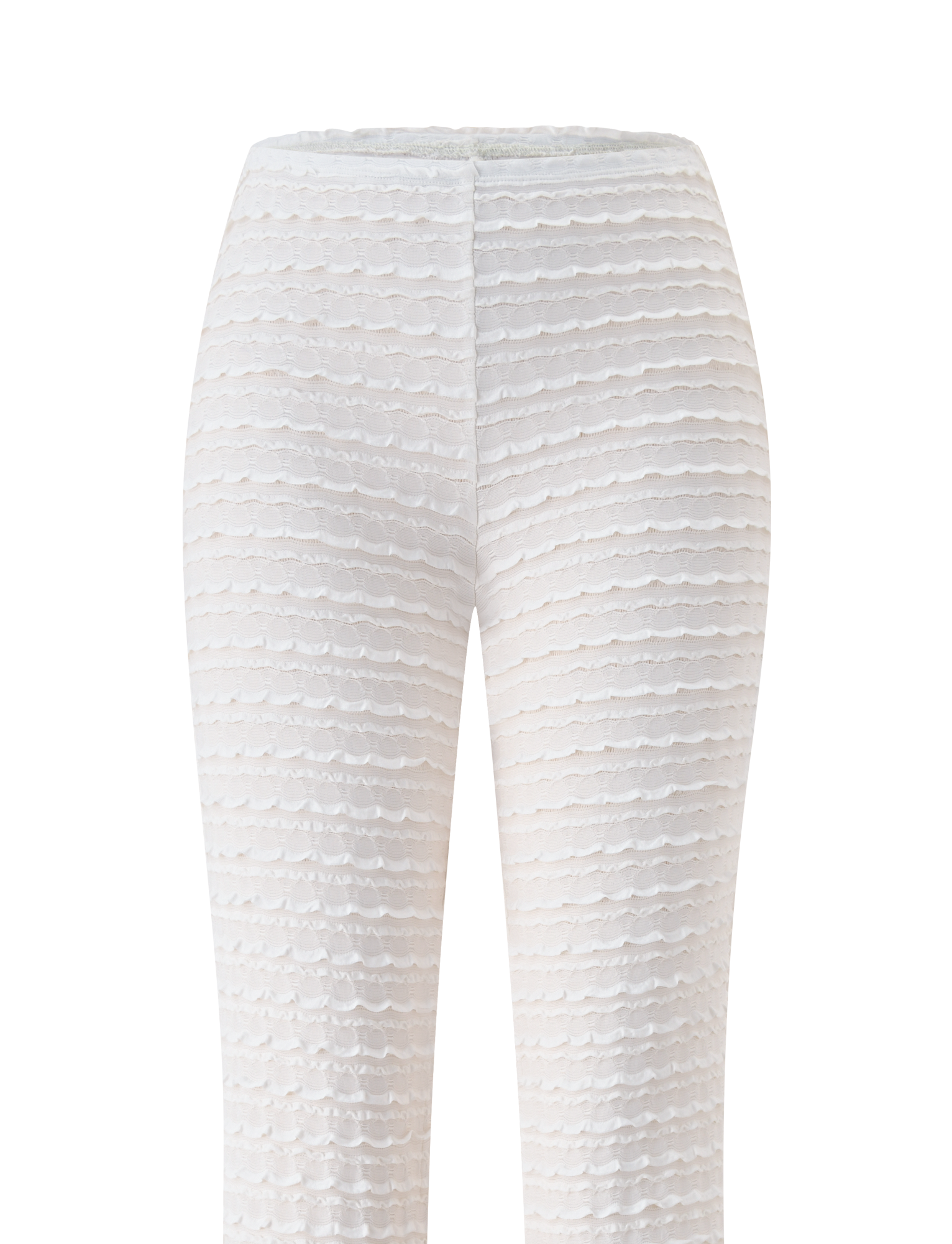 The ZORA PANT - CREAM by TIGERMIST features a white textured, high-waist design with a subtle wavy pattern and ruffle accents. This form-fitting style is ideal as a chic beach cover up, shown against a plain white background.