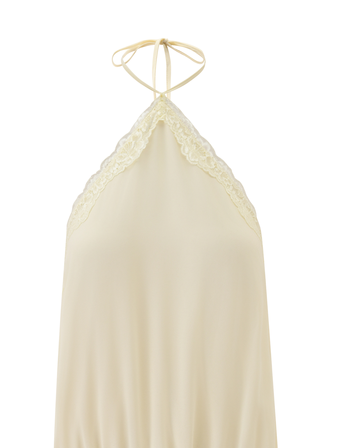 A close-up of the TIGERMIST TESSIE MINI DRESS in cream, a resort-inspired piece with a halter-neck, delicate lace trim at the neckline, and thin neck-tied straps.